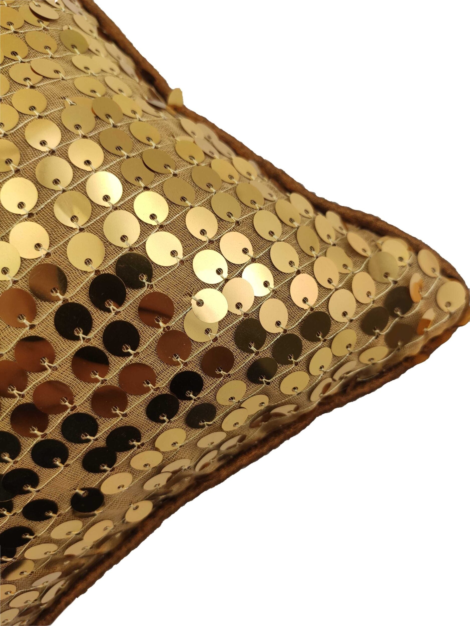 Close-up of the Sequence Cushion With Filler by RAMSHA HOME, featuring shiny gold sequins for a textured, reflective surface. The inner cushion offers superior comfort, and brown piping outlines the elegant edge.