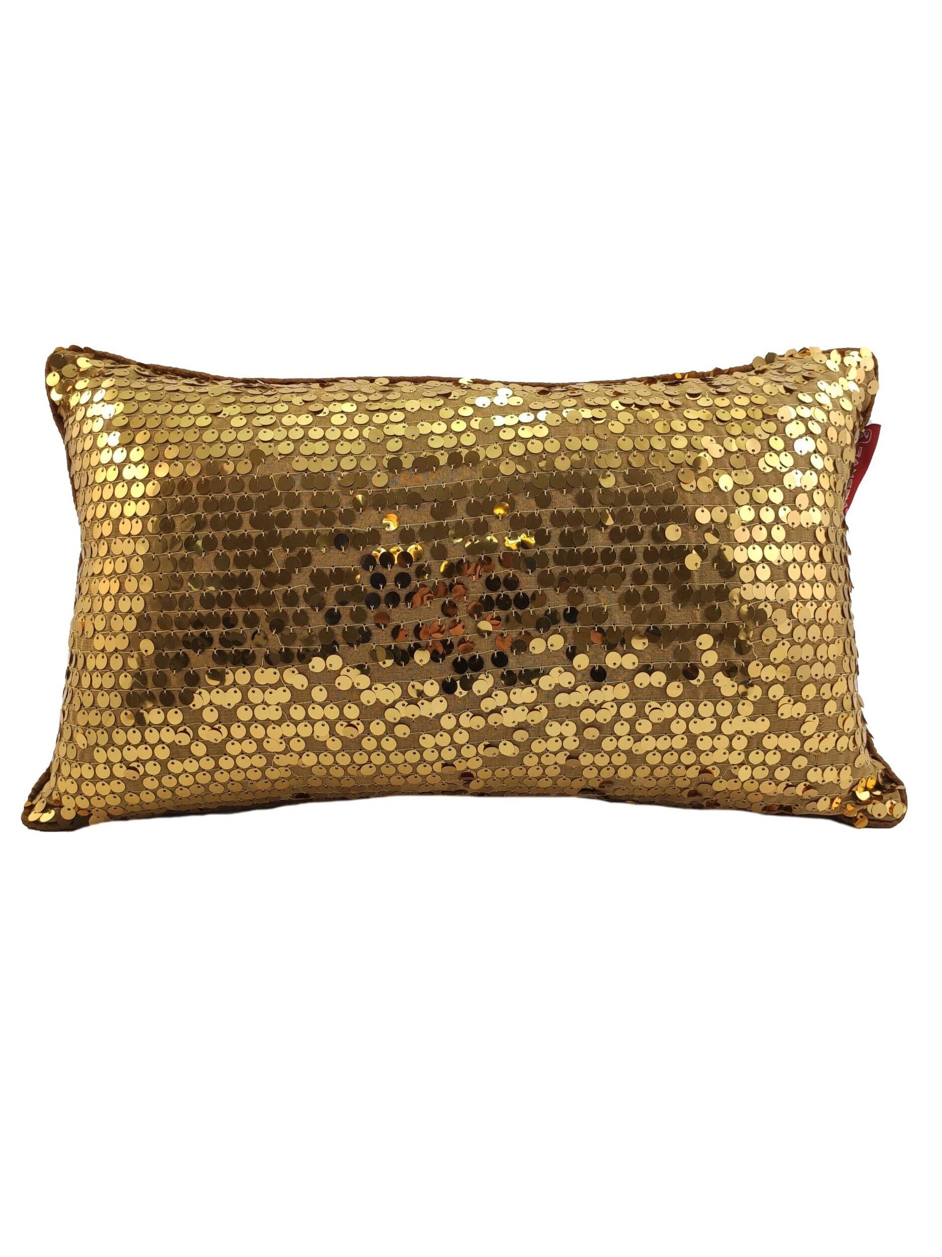 The RAMSHA HOME Sequence Cushion With Filler features shiny gold sequins that reflect light for a sparkling effect. Its white background enhances the vibrant metallic look, while the filler offers superior comfort.