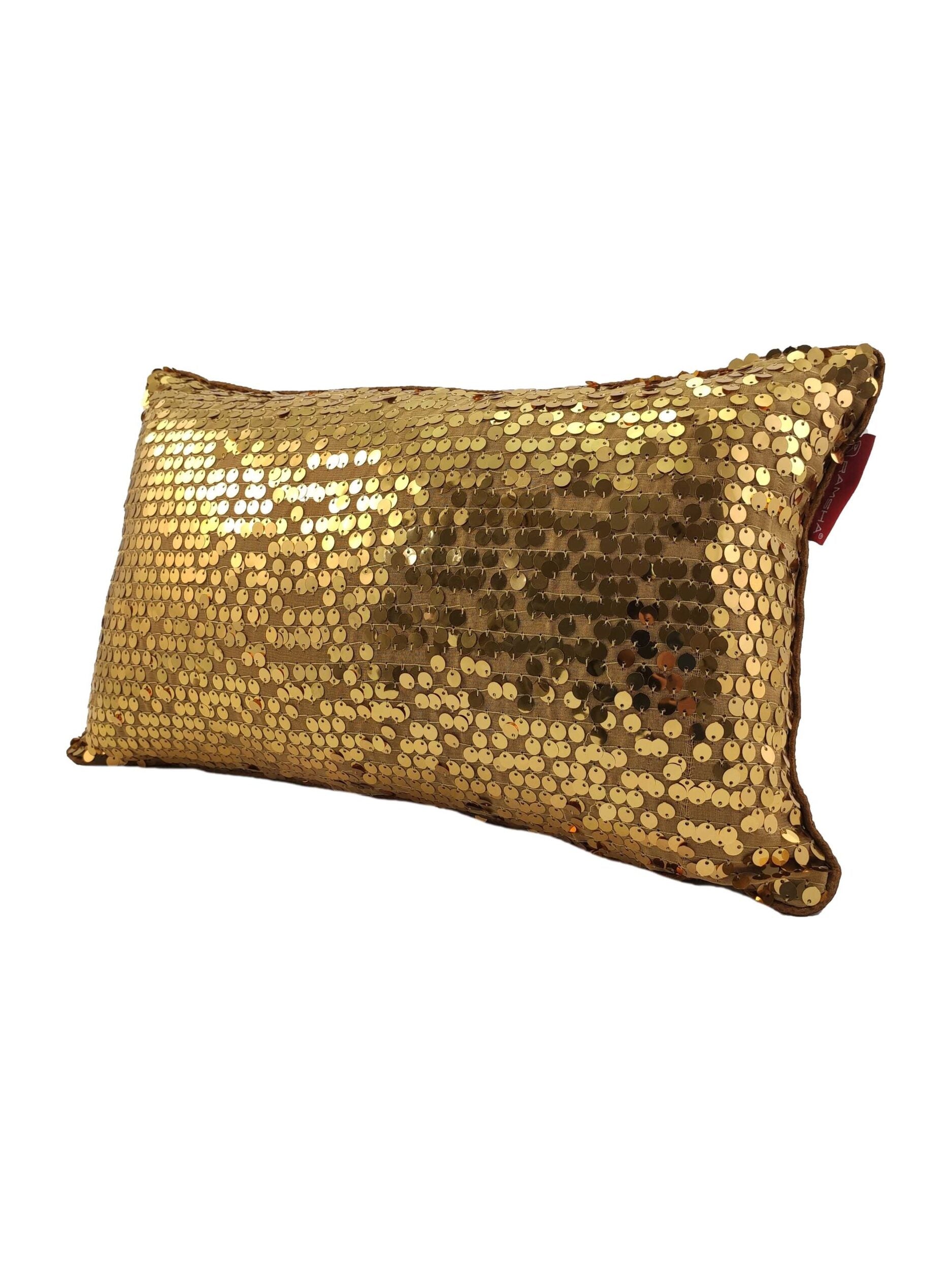 The RAMSHA HOME Sequence Cushion With Filler, adorned with shiny gold sequins, is displayed against a white background. Its sparkling design pairs with a plush filler for standout style and lasting comfort.