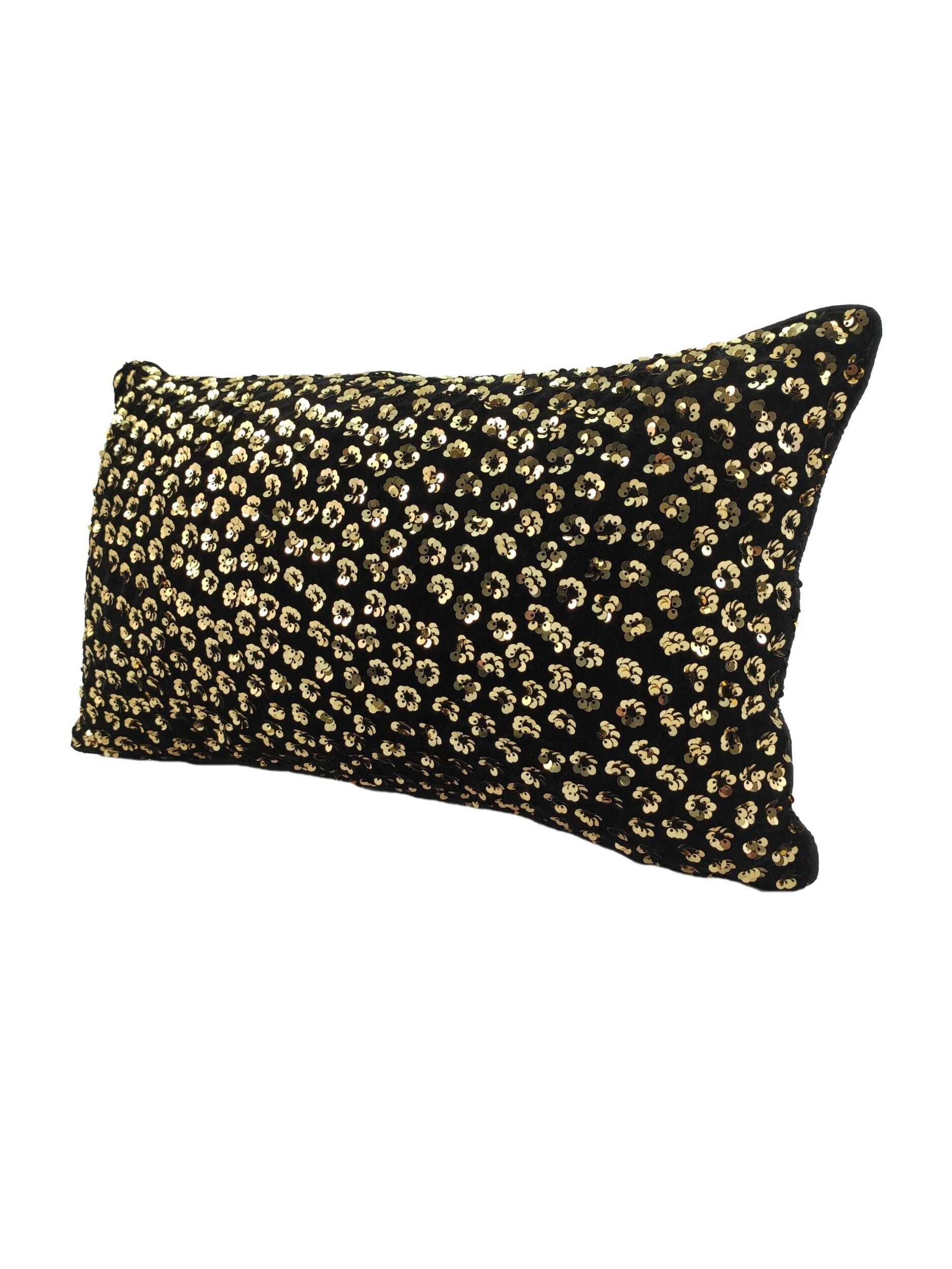 RAMSHA HOME Polyester Cushion With Filler features a black polyester base with a textured surface and scattered gold sequin-like accents for added style and comfort. Includes cushion filler for comfortable seating.