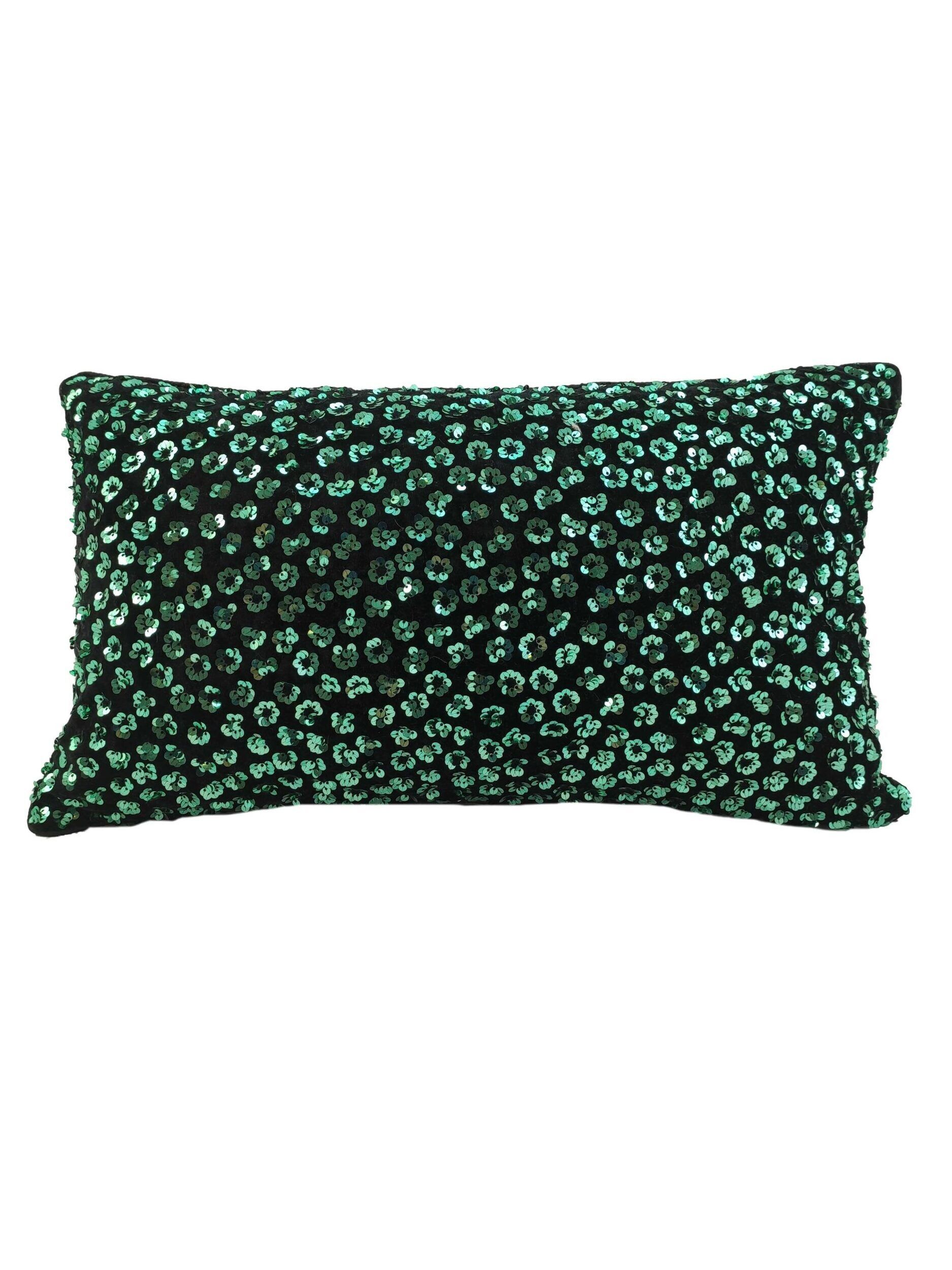 The RAMSHA HOME Polyester Cushion With Filler features a plush, rectangular design with a black base and small, shiny green leopard spots, plus slightly uneven edges for extra comfort and contemporary style.