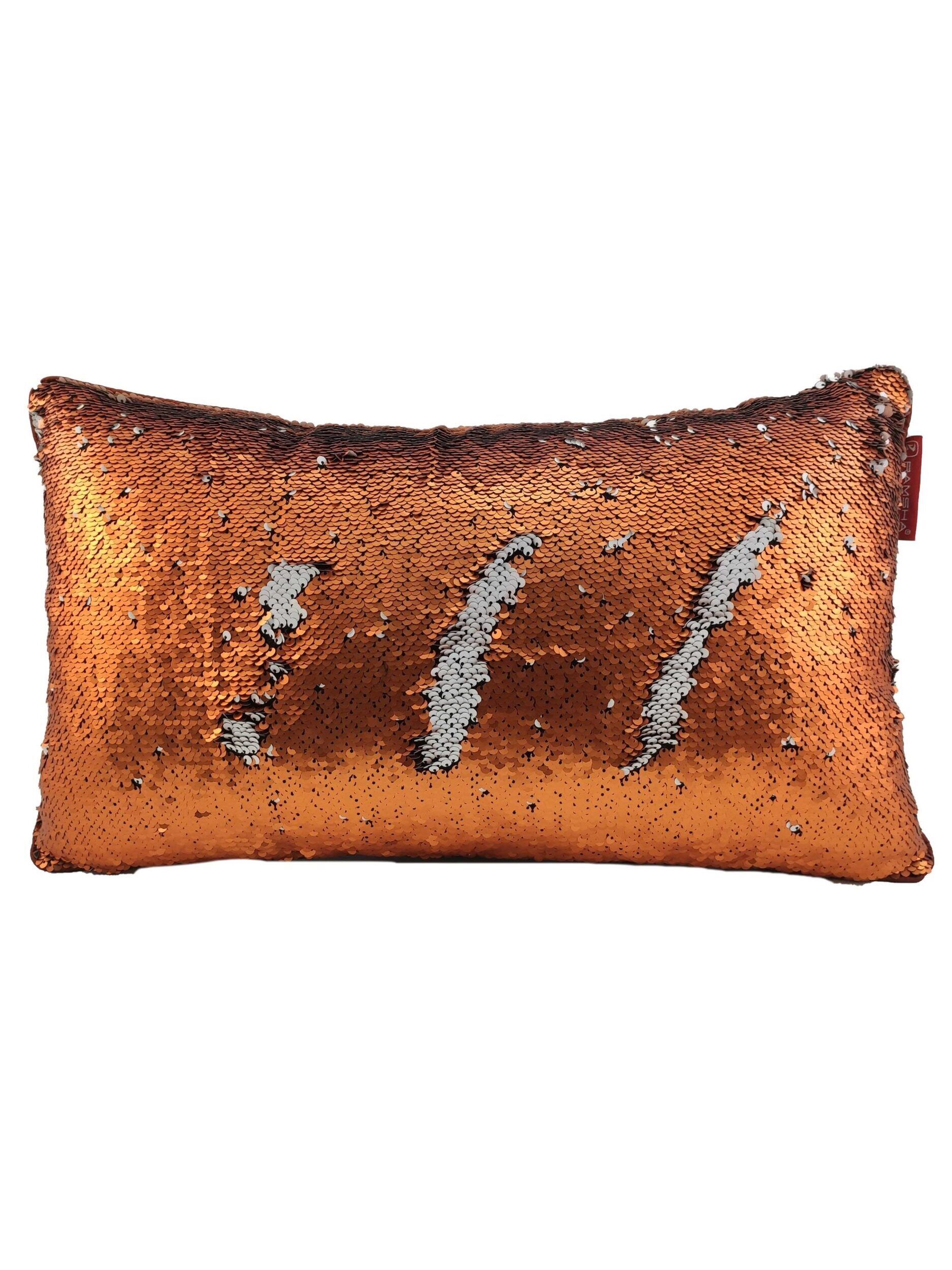 The RAMSHA HOME Polyester Double Color Changing Cushion With Filler features shiny, reversible sequins—mainly copper with three silver streaks—that create a fun, color-changing effect when brushed in different directions.