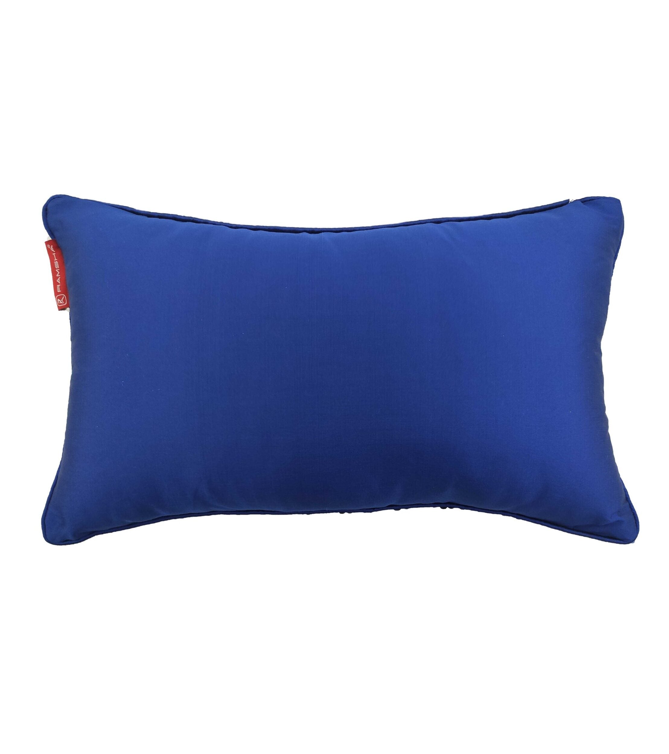 The RAMSHA HOME Polyester Cushion With Filler is a rectangular blue cushion with a smooth fabric and plush support, featuring a small red tag on the left—ideal for adding style to your home decor. Displayed against a white background.