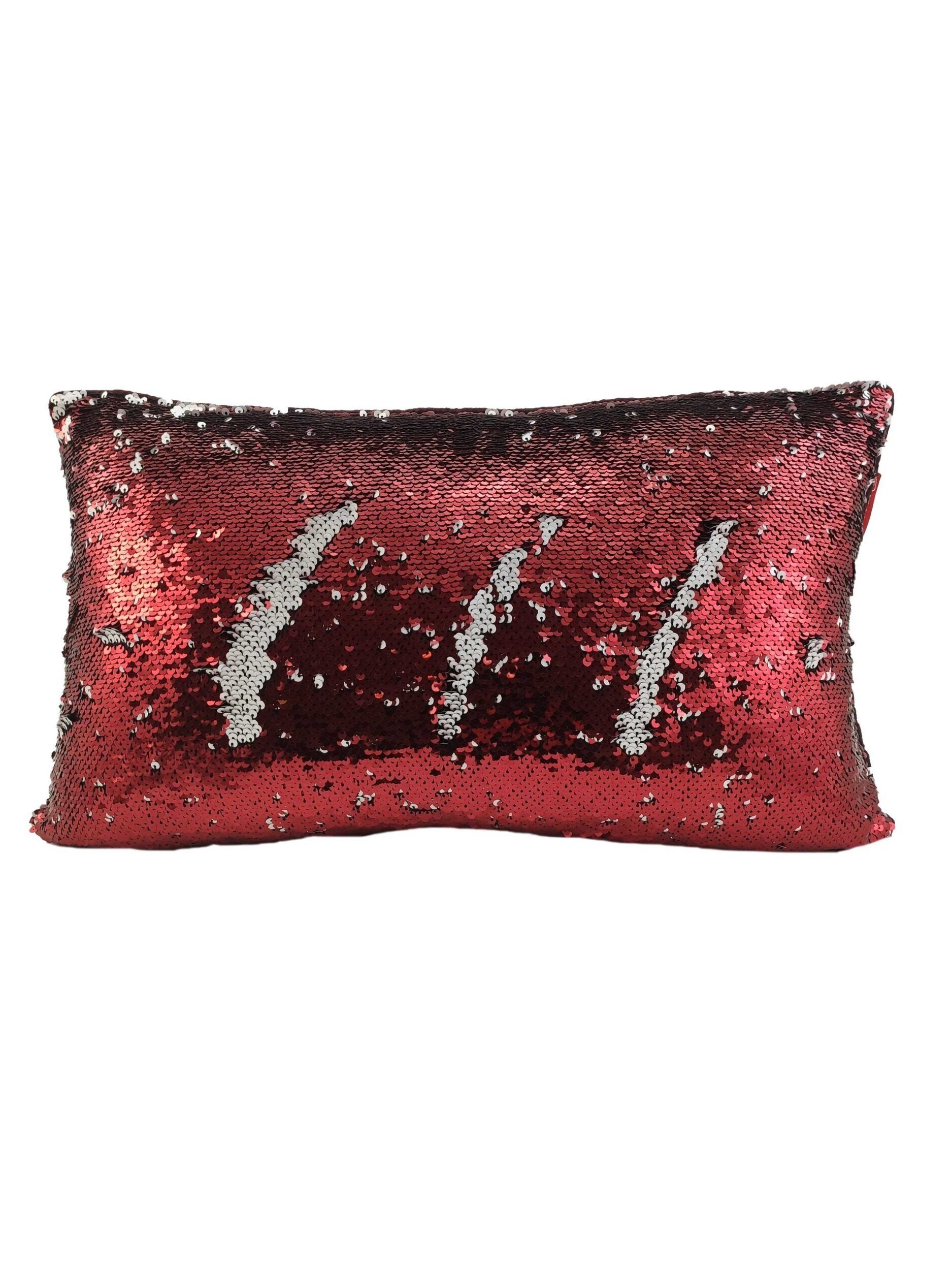 The RAMSHA HOME Polyester Double Color Changing Cushion With Filler features a shiny, textured surface with mostly red reversible sequins and three silver streaks, creating a mesmerizing color-changing decorative effect.