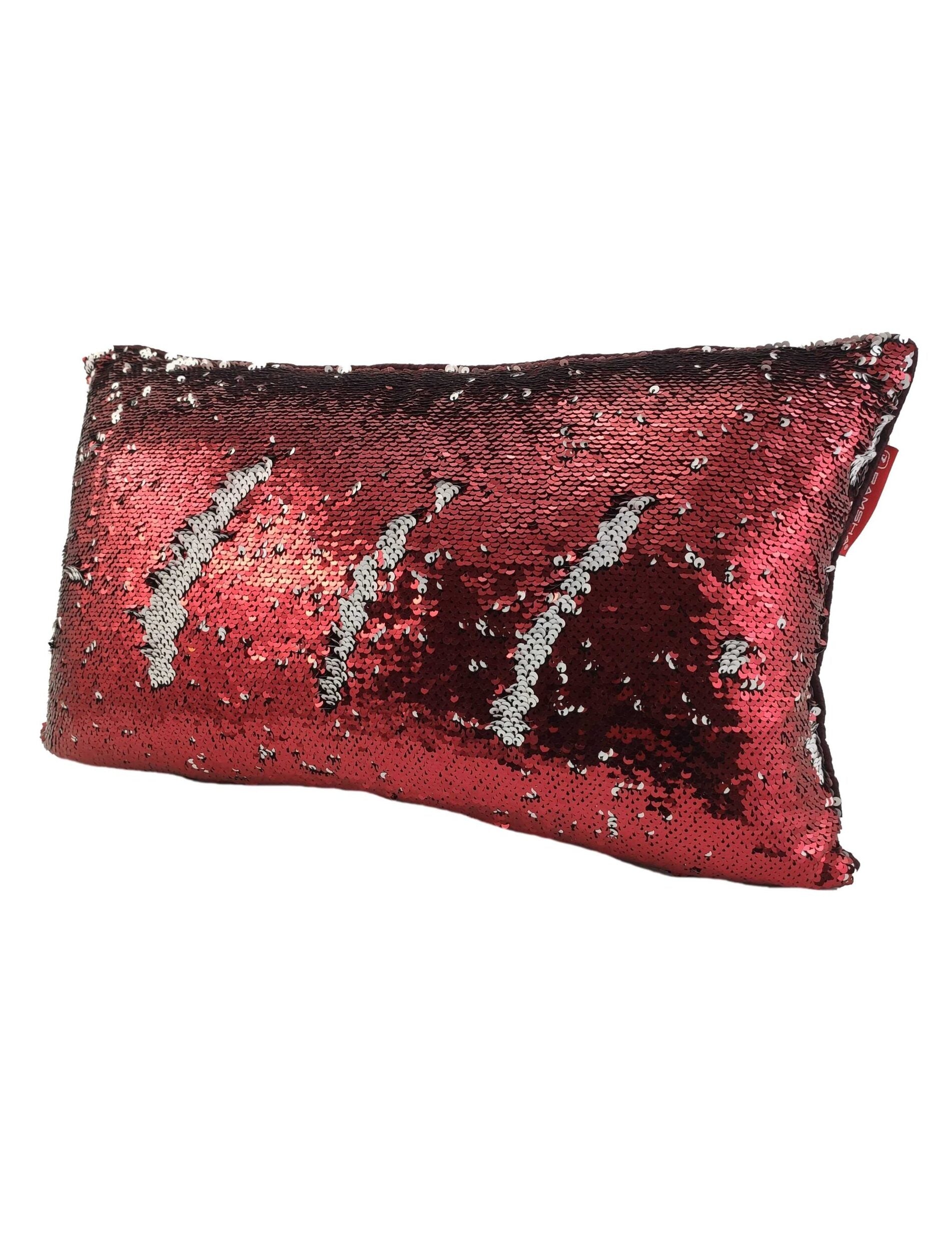 The RAMSHA HOME Polyester Double Color Changing Cushion With Filler features red and silver sequins that change color when brushed, creating a stylish decorative accent for any space.