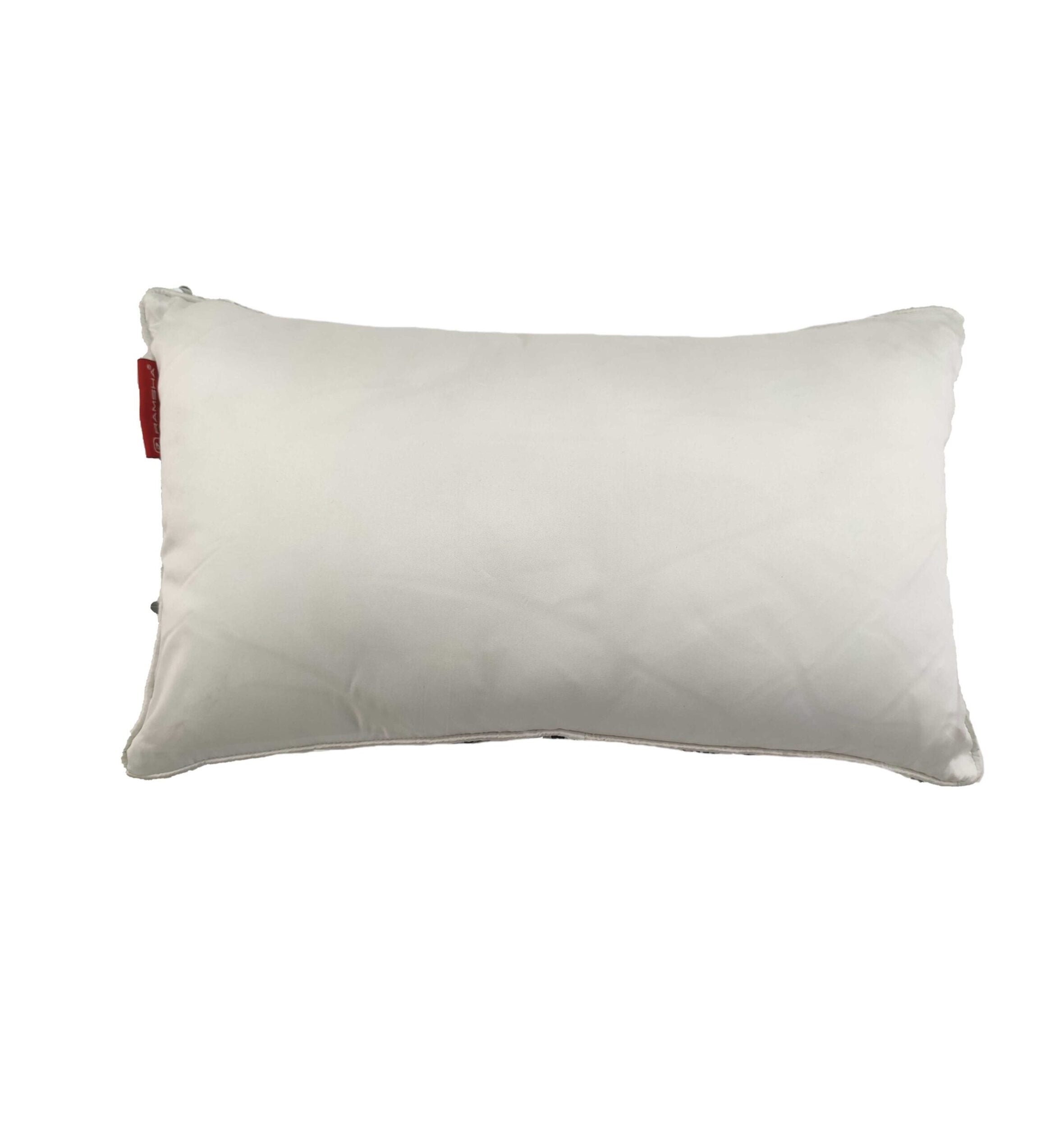The RAMSHA HOME Sequence Cushion With Filler is a plain white rectangular cushion with a smooth surface and a small red tag on the upper left, designed for superior comfort and shown against a white background.
