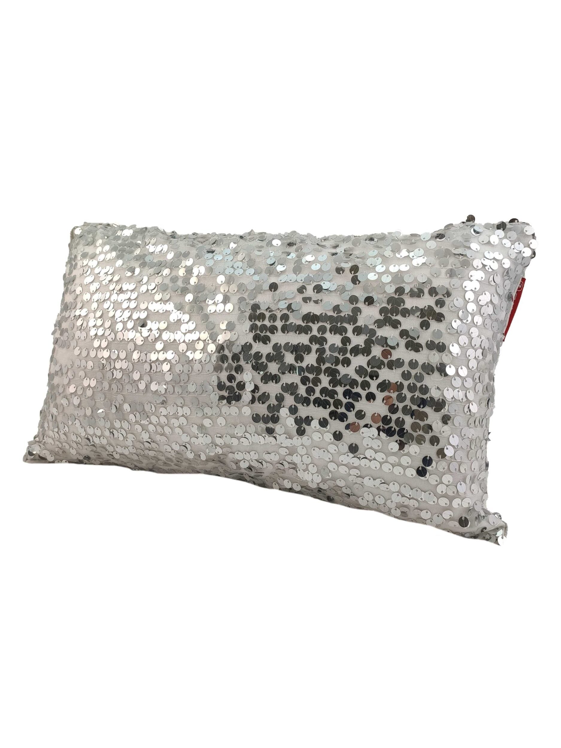 The Sequence Cushion With Filler from RAMSHA HOME features reversible silver sequins that brush to reveal a darker metallic side, creating a striking pattern. Includes an inner cushion for superior comfort.