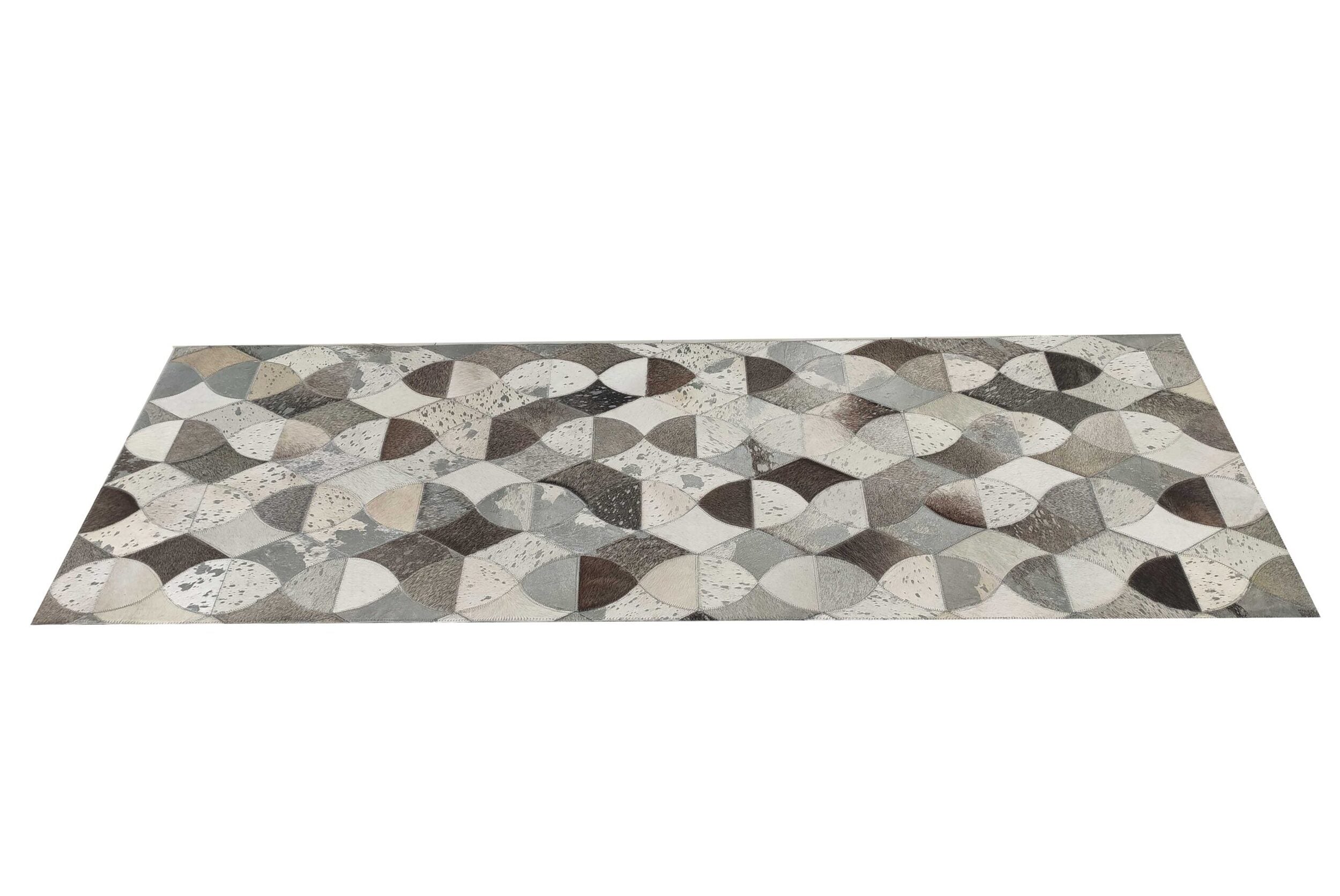 The Delightful Modern Grey Color Leather Rug - LR 008 by RAMSHA HOME features a rectangular shape with overlapping circles and semicircles in gray, white, and beige, echoing a leather patchwork for a striking mosaic look.