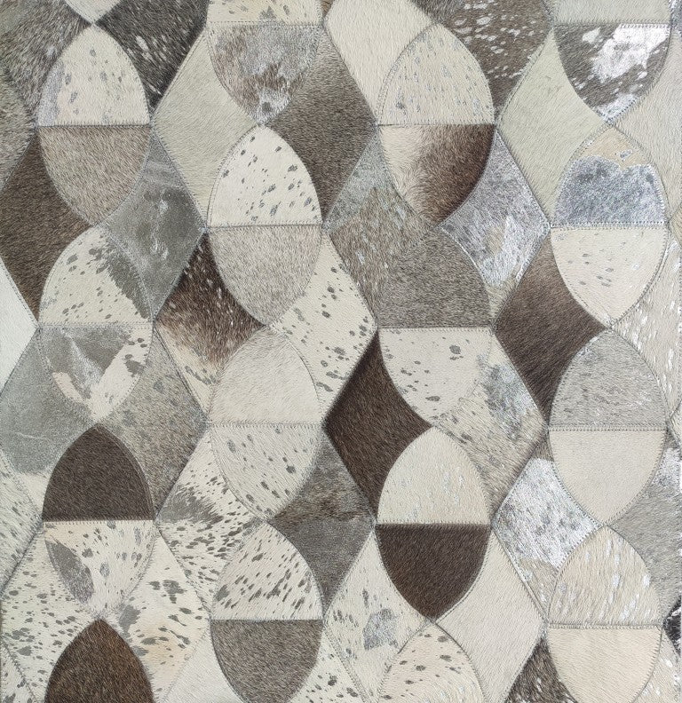 The Delightful Modern Grey Color Leather Rug - LR 008 by RAMSHA HOME features geometric circles and diamonds in brown, gray, and cream shades, with textured patterns resembling animal hide.