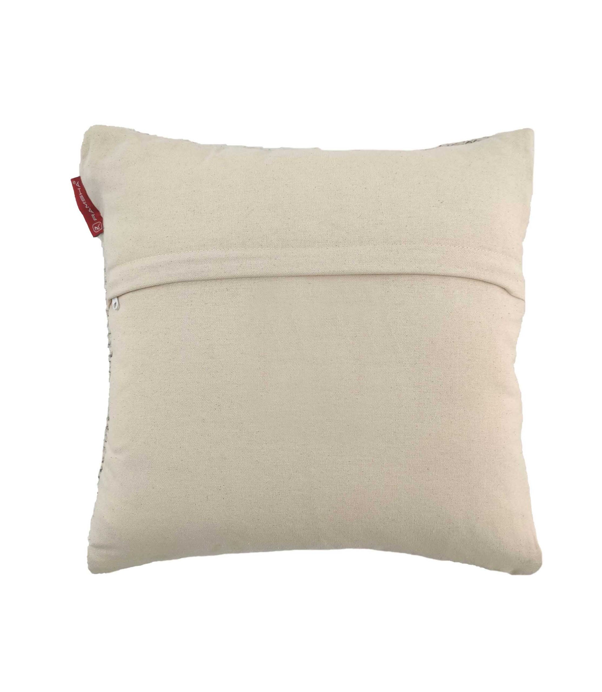 The RAMSHA HOME Natural & Black Color Cushion With Filler CS-047 features a modern square design, a horizontal back zipper pocket, and a small red tag on the upper left. Its plush texture makes it ideal for contemporary spaces. Shown on a plain white background.