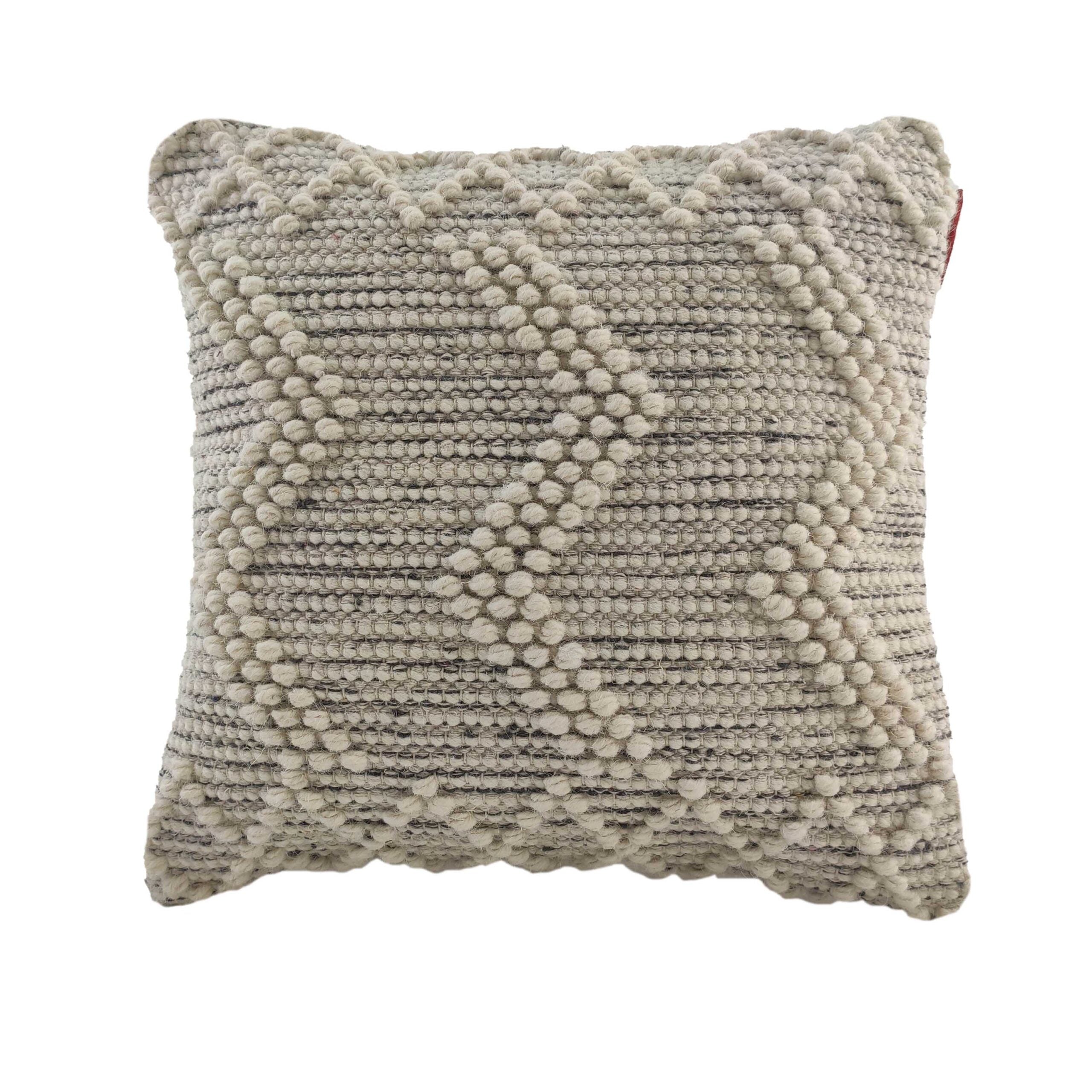 The RAMSHA HOME Wool & Cotton Cushion With Filler CS-046 features a textured beige and cream woven design with raised zigzag and dot patterns, making it an ideal decorative pillow for adding a cozy touch to any space.