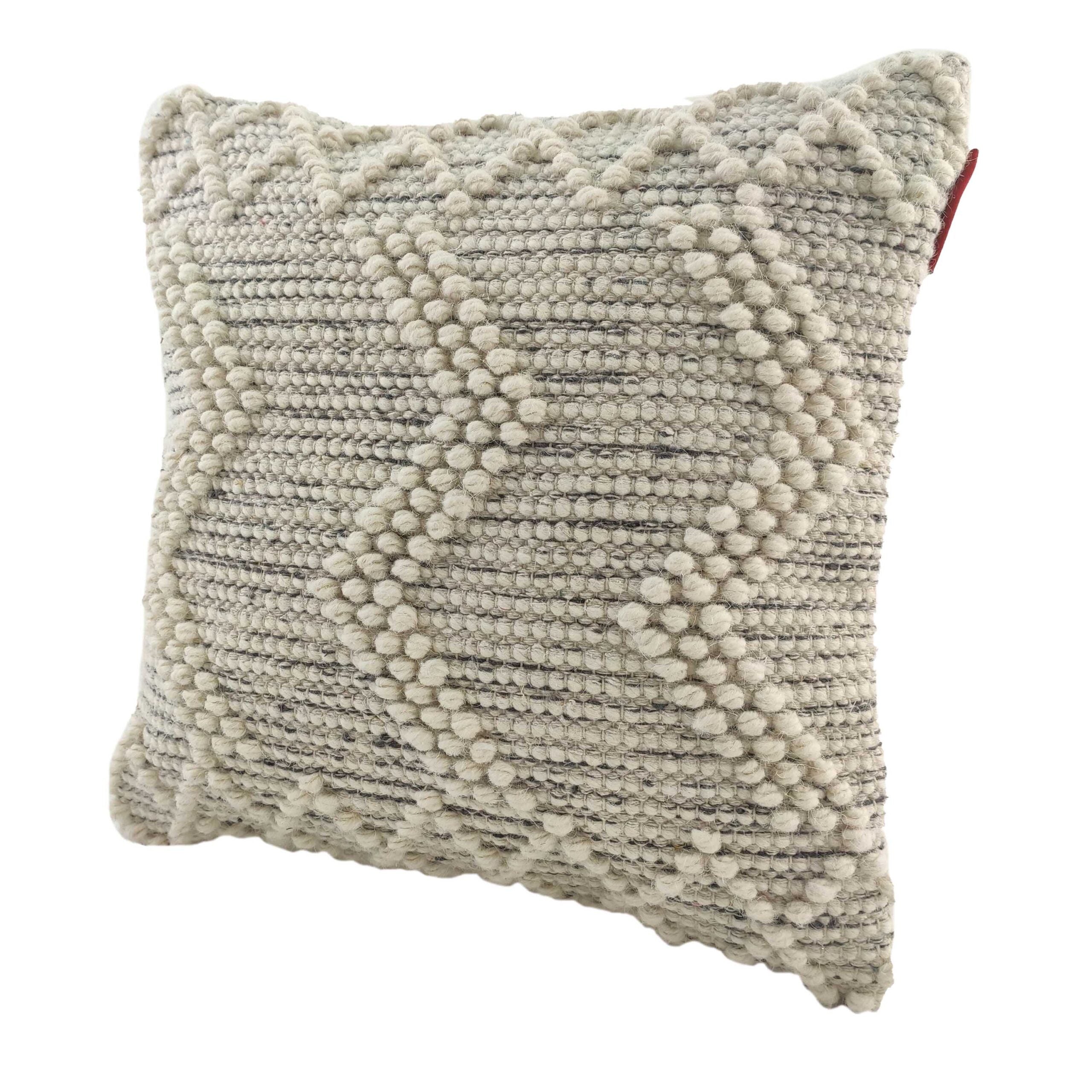 The RAMSHA HOME Wool & Cotton Cushion With Filler CS-046 features an off-white and beige woven zigzag design, raised details, and a plush textured look—ideal for adding cozy charm to your space.