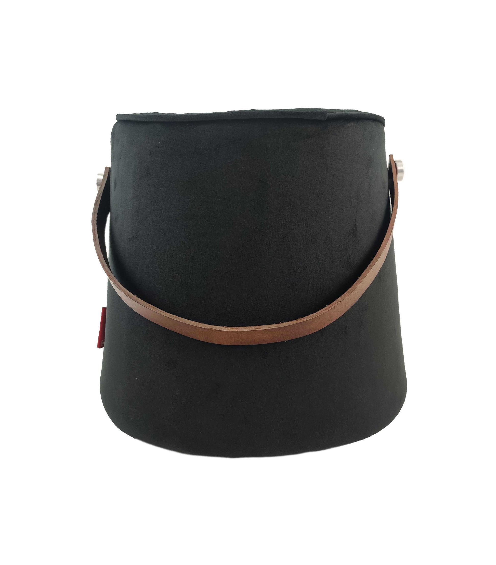 The RAMSHA HOME Leather Pedestal Pouf With Leather Handle features a black fabric cover and a chic brown leather handle, offering an elegant touch to your decor. Shown here against a white background.