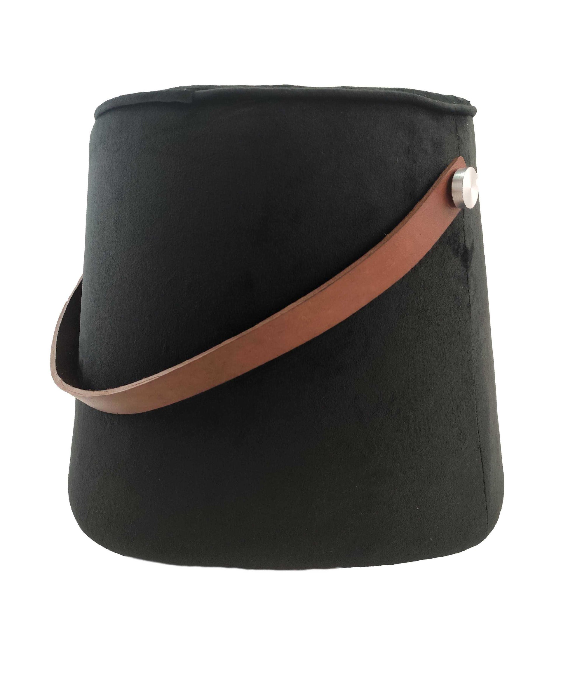 The RAMSHA HOME Leather Pedestal Pouf With Leather Handle features a black cylindrical design with a brown leather handle secured by metallic buttons—a stylish accent for any modern home.