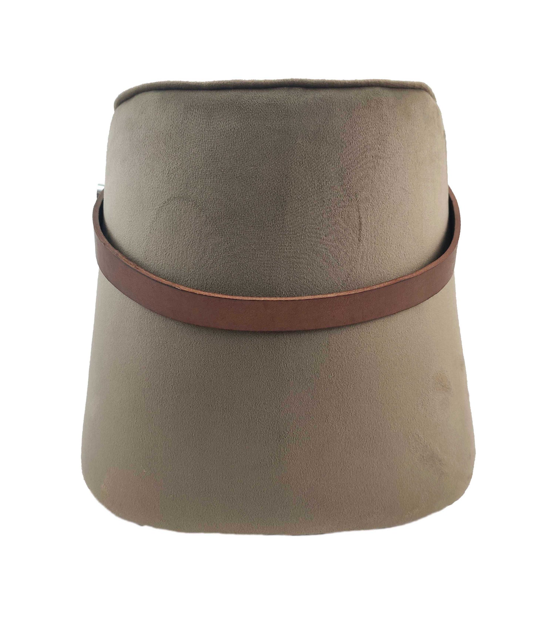 The RAMSHA HOME Leather Pedestal Pouf features a tan, soft texture with a wide base, narrow top, and a brown leather handle around the middle, shown against a white background.