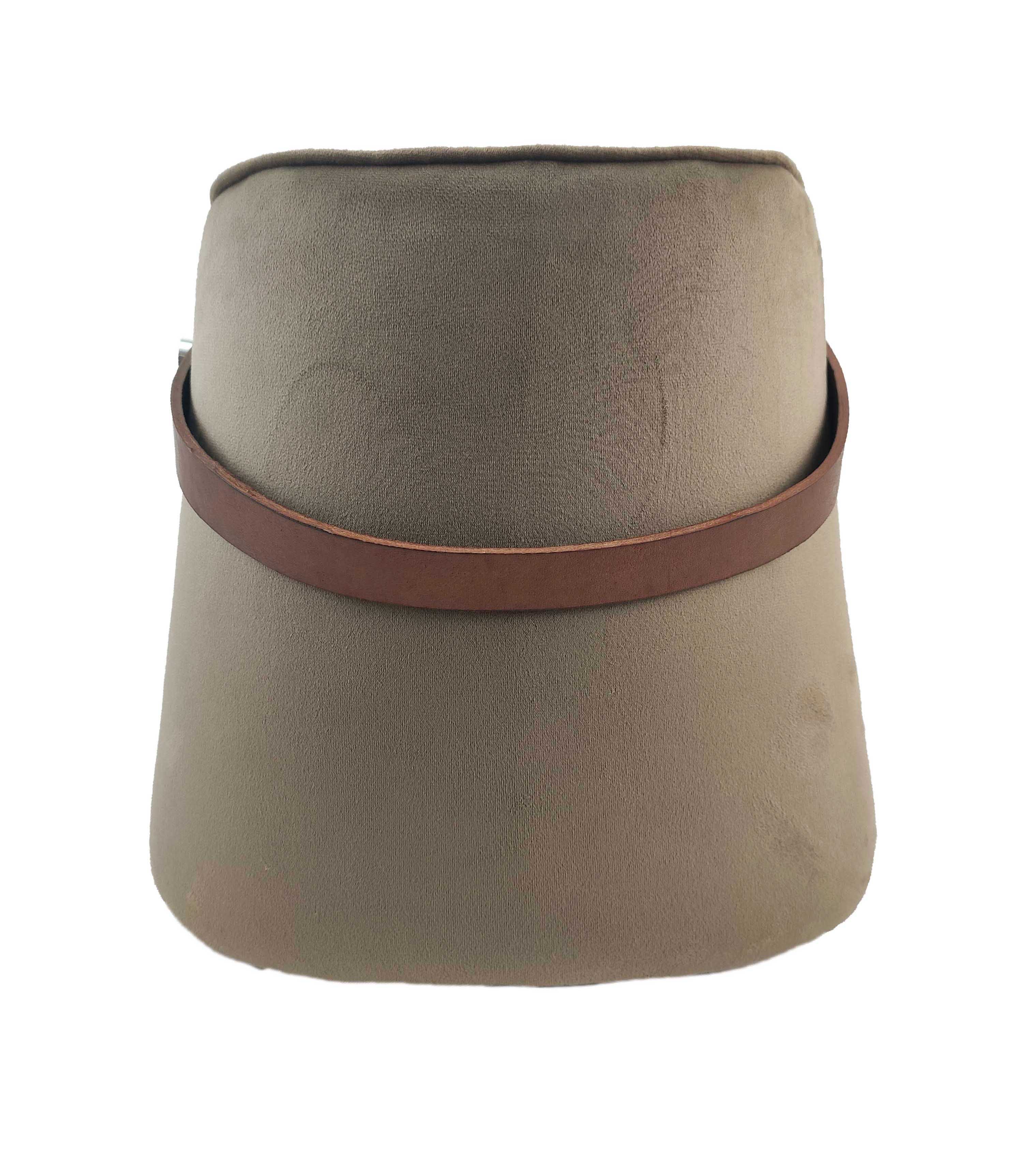 The RAMSHA HOME Leather Pedestal Pouf features a tan, soft texture with a wide base, narrow top, and a brown leather handle around the middle, shown against a white background.