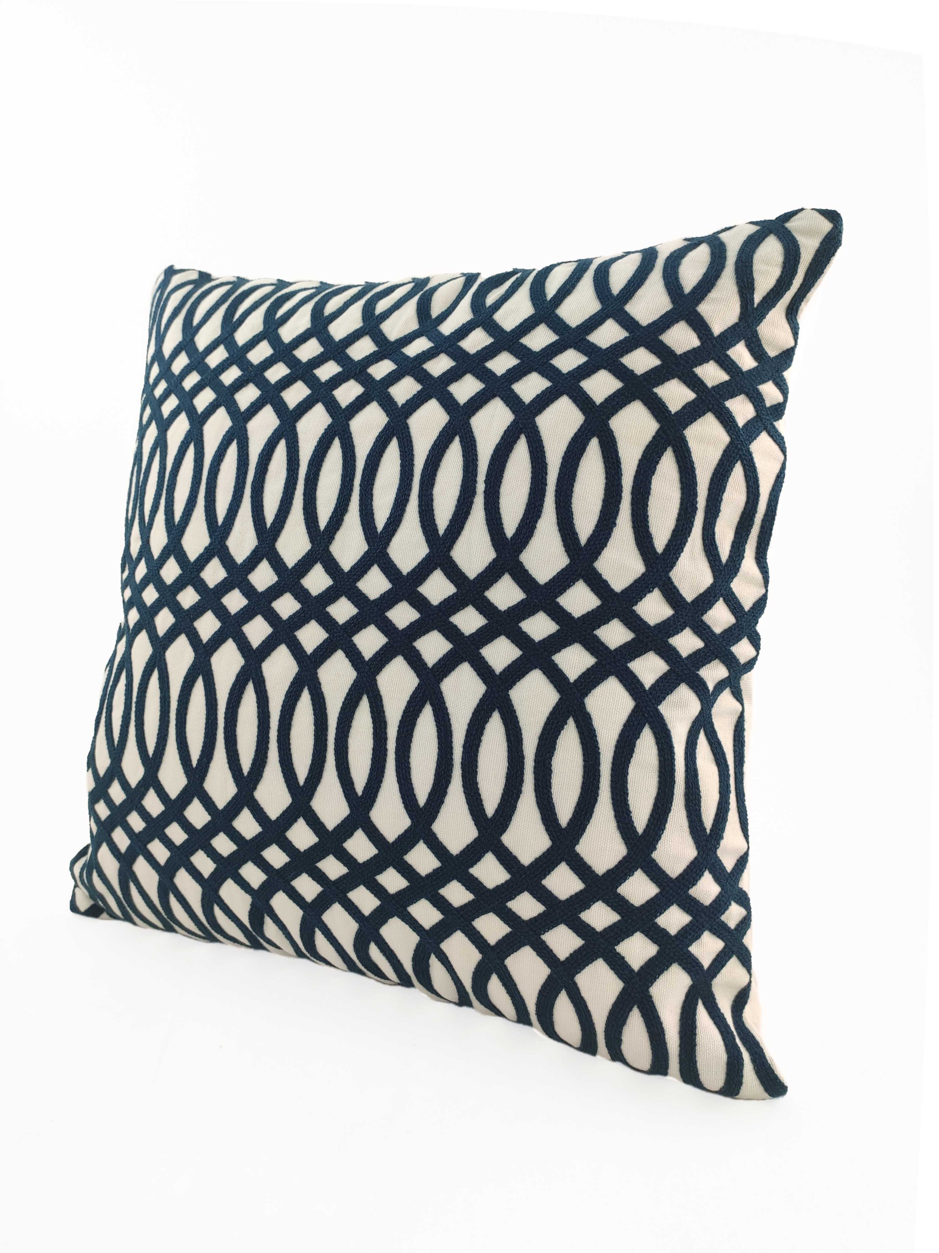 The RAMSHA HOME Cotton & Polyester Cushion CS-118 features a square shape with a blue and white interlocking oval geometric pattern on white, crafted from a cotton polyester blend and shown against a plain white surface.