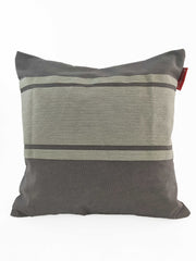 The RAMSHA HOME Grey Color Cushion CS-119 is a square cushion in soft cotton-polyester blend, with a dark grey base, light grey textured panel, two thin dark stripes, and a small red fabric tag on the right side.
