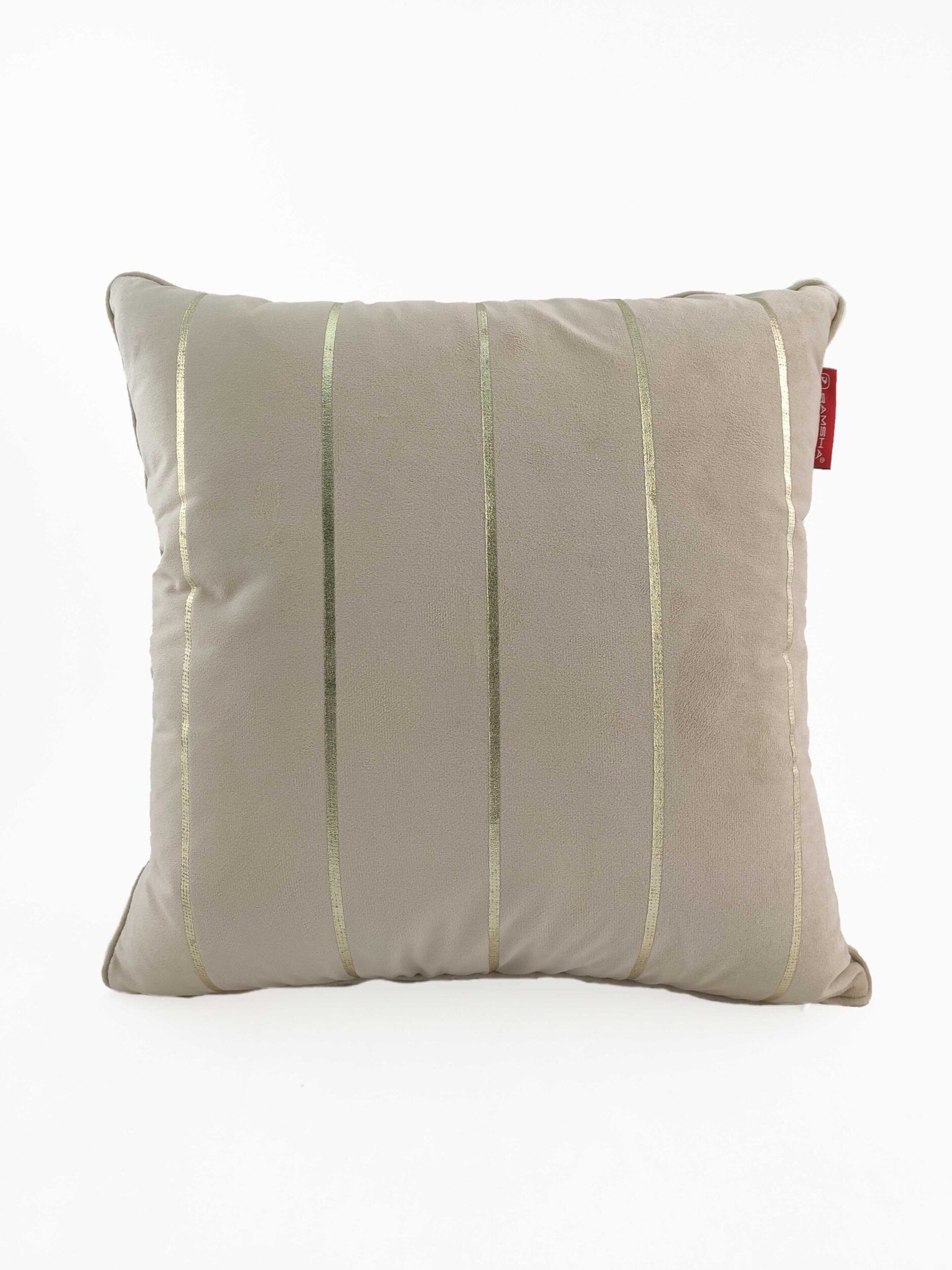 The RAMSHA HOME 100% Polyester Cushion Cover CS-099 is a square beige cover with four vertical gold stripes and a red fabric tag on the upper right, shown on a plain white background. Its wrinkle-resistant material ensures long-lasting style.