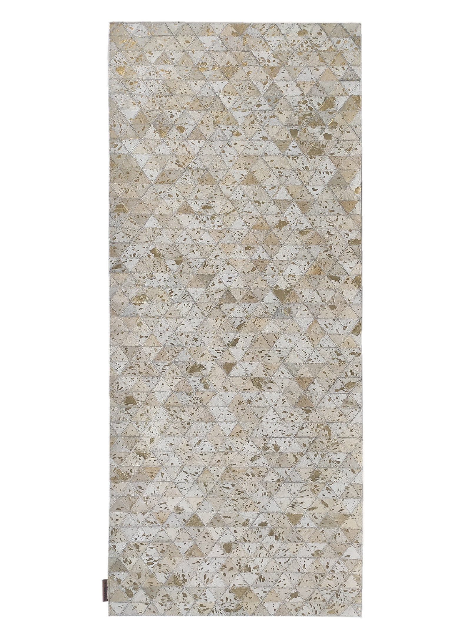 The Amazing Grey & Tan Color Playroom Leather Rug - LR 006 features a rectangular patchwork design with a mosaic of small, light beige, cream, and tan triangles that resemble natural stone tiles.