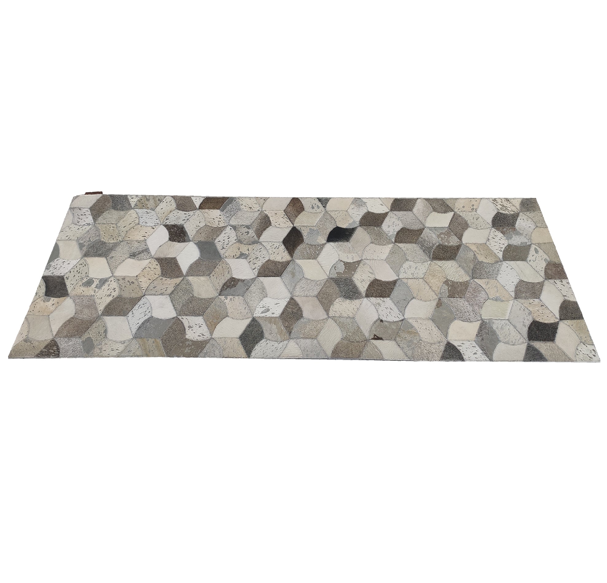 The RAMSHA HOME Amazing Bedroom & Hallway Grey Color Leather Rug - LR 007 features a geometric pattern of interlocking hexagons and cubes in gray, white, and beige, creating a neutral rug design perfect for modern spaces.