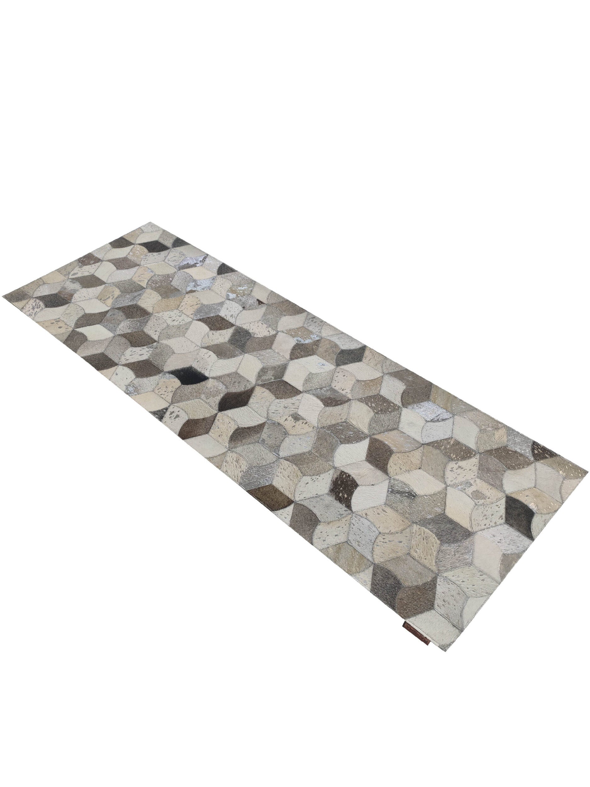 The RAMSHA HOME Amazing Bedroom & Hallway Grey Color Leather Rug - LR 007 features a striking geometric 3D cube pattern in beige, gray, and brown tones for a modern neutral look.