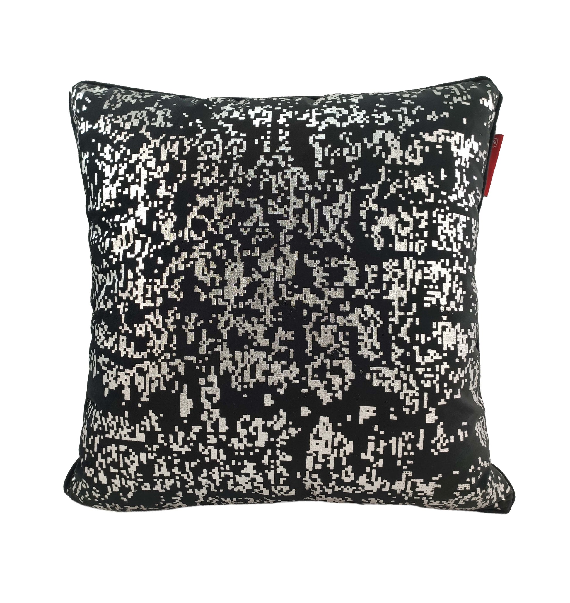 The RAMSHA HOME Polyester Black & Silver Cushion Cover CS-128 features a sleek black background with a silver pixelated design and a small red tag, adding a modern touch to your home décor.