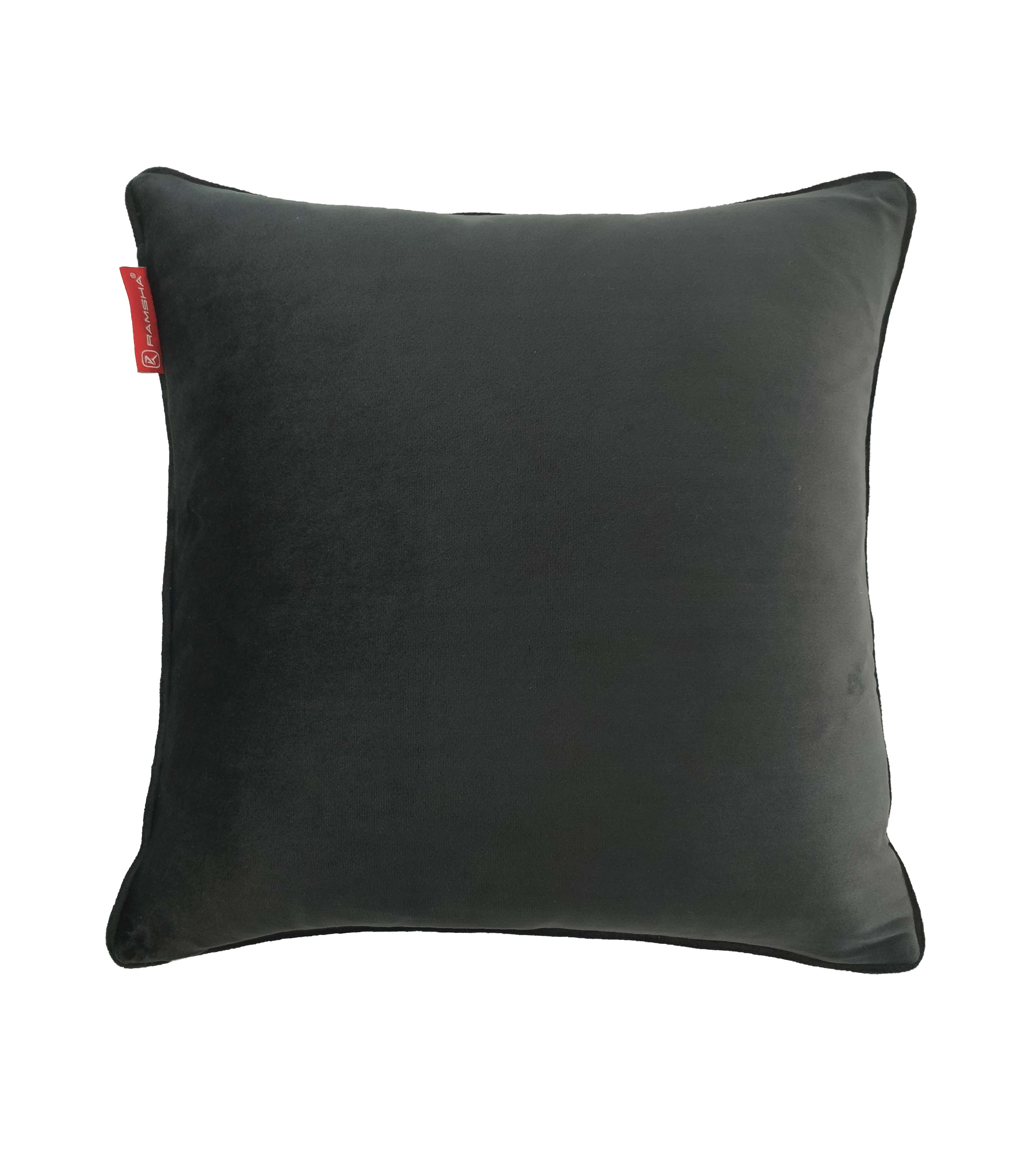 The RAMSHA HOME Black & Gold Cushion Cover CS-127 features a square, dark velvet design with a subtle sheen and small red tag, adding luxurious elegance to any space.