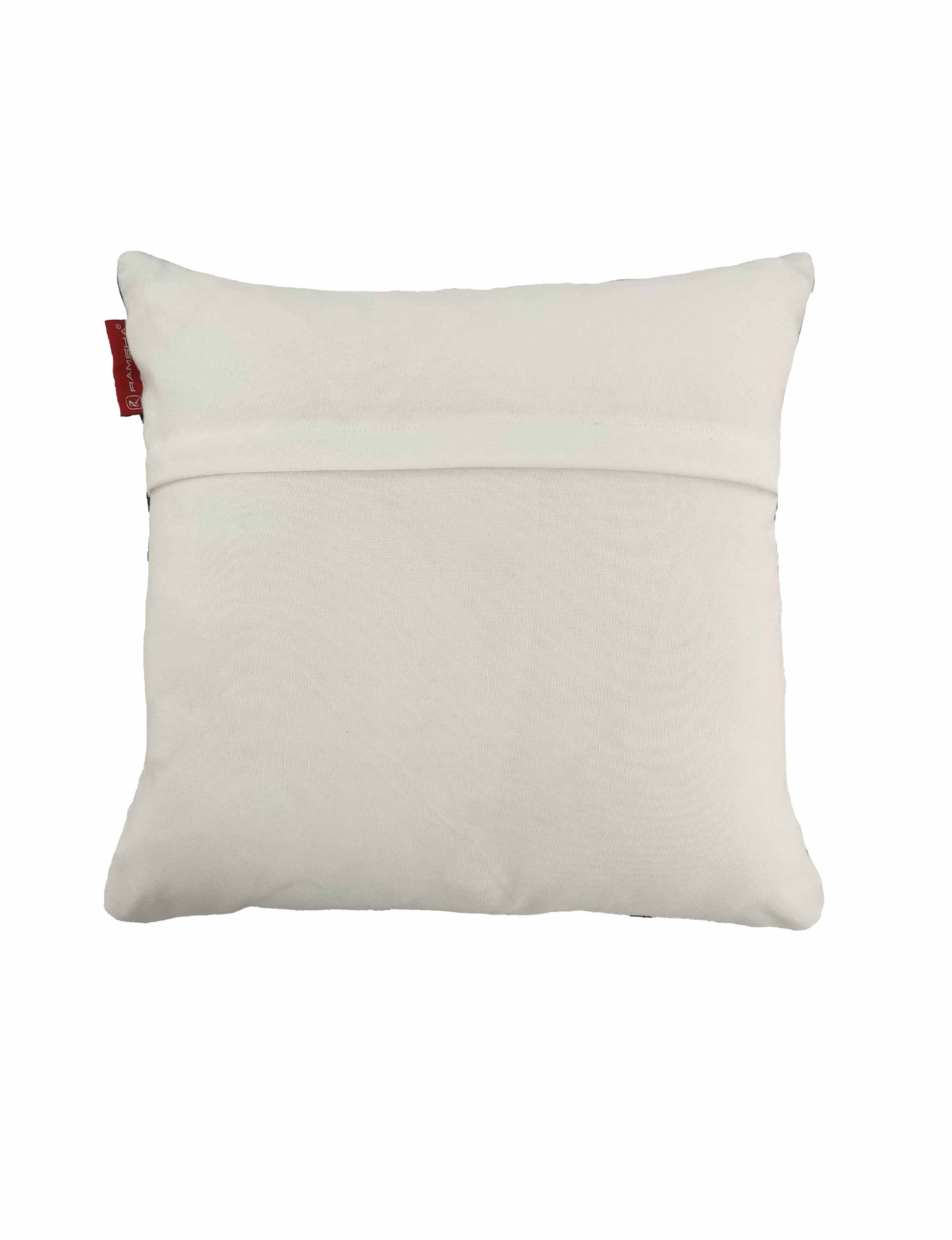 The RAMSHA HOME Cushion Cover Grey, White & Blue Color CS-115 features a rectangular white design with a horizontal seam and red tag—ideal for pairing with grey-blue décor or enhancing modern living rooms. Photographed on a white background.