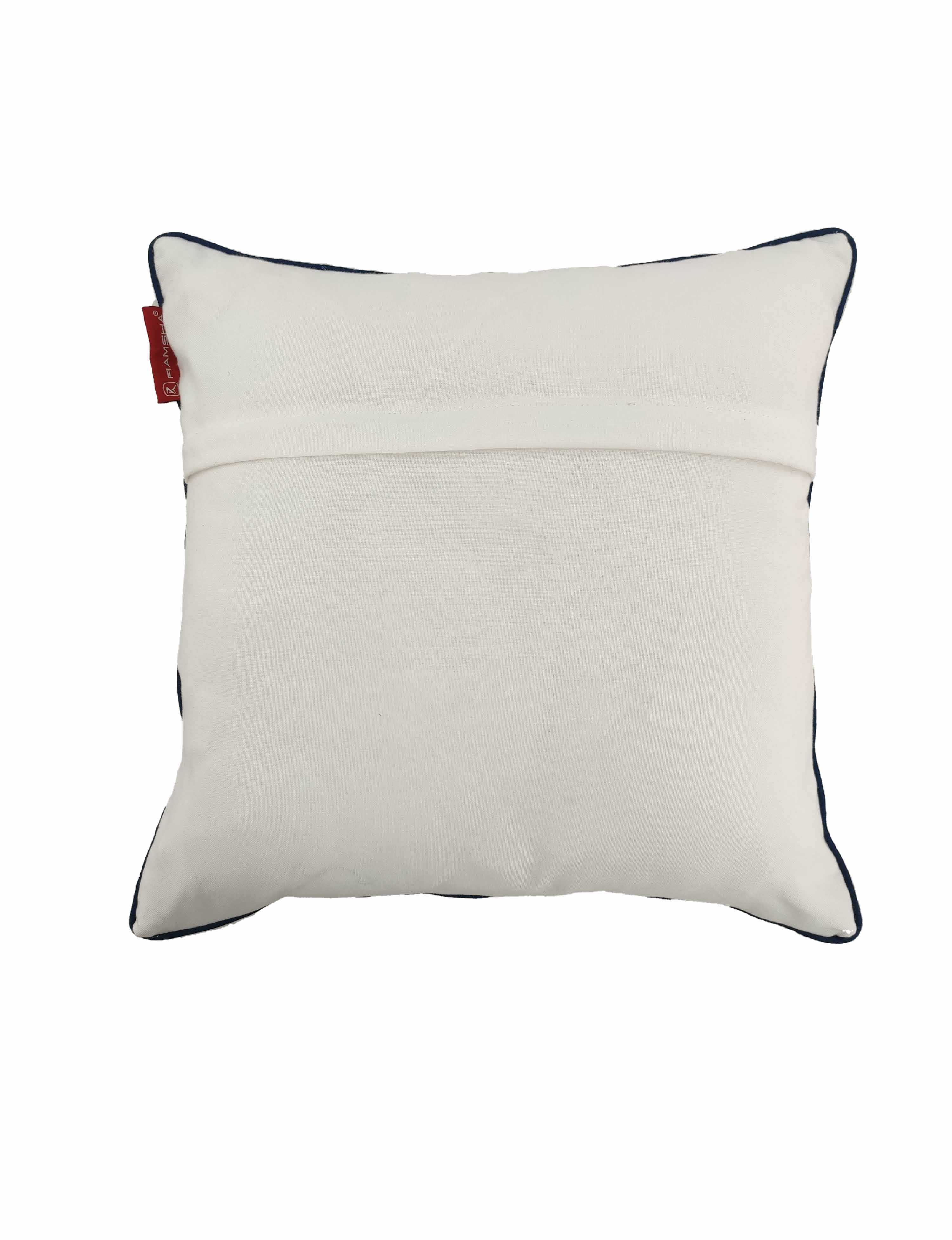 RAMSHA HOME's Decorative Polyester Cushion Cover CS-114 features a square white design with black piping and a red fabric tag. A horizontal stitched band adds style, making it a chic accent for any space. Shown on a plain white background.