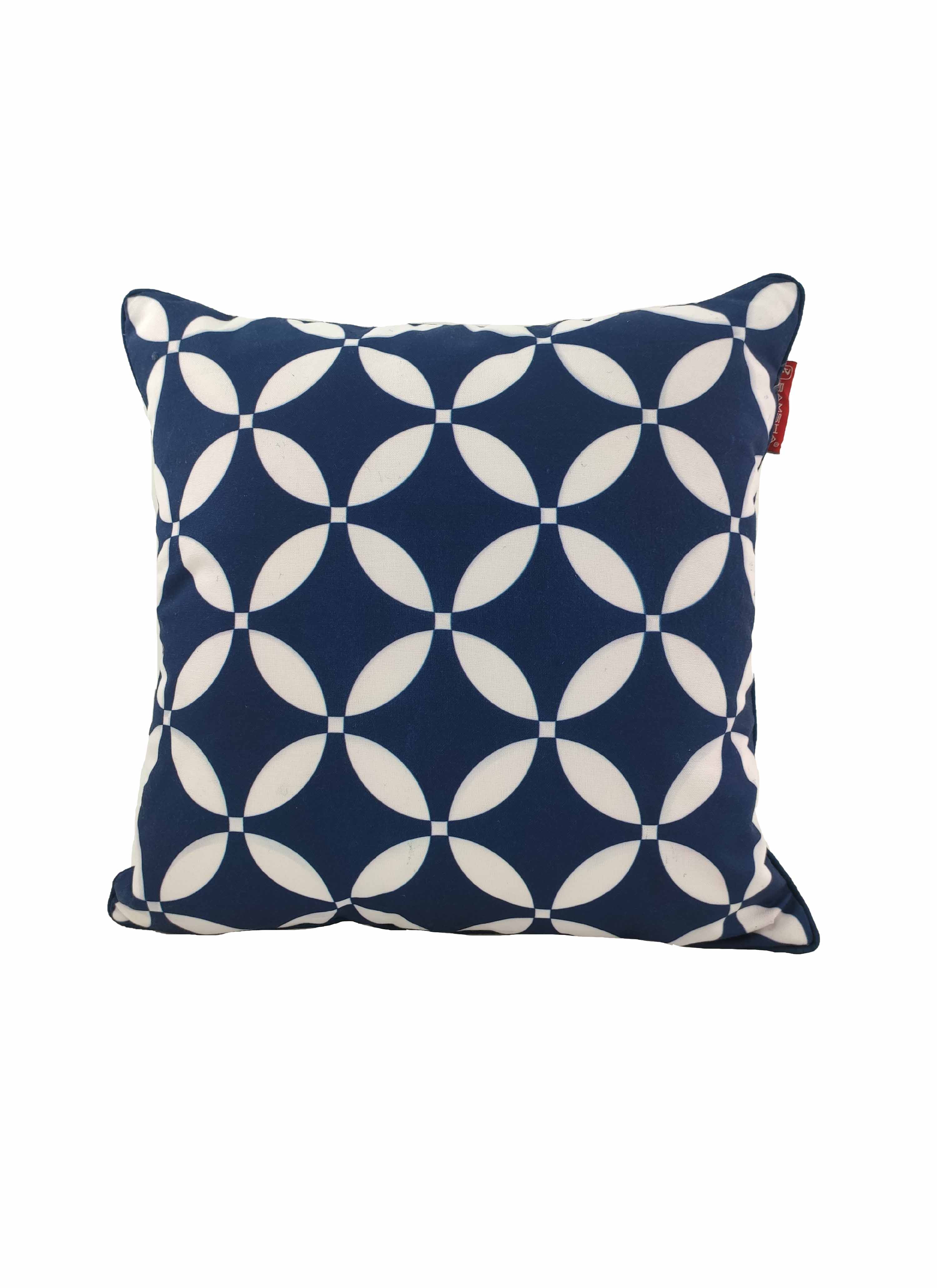 The RAMSHA HOME Decorative Polyester Cushion Cover CS-114 features a navy background with white geometric floral circles, piped edges, and a small red side tag.
