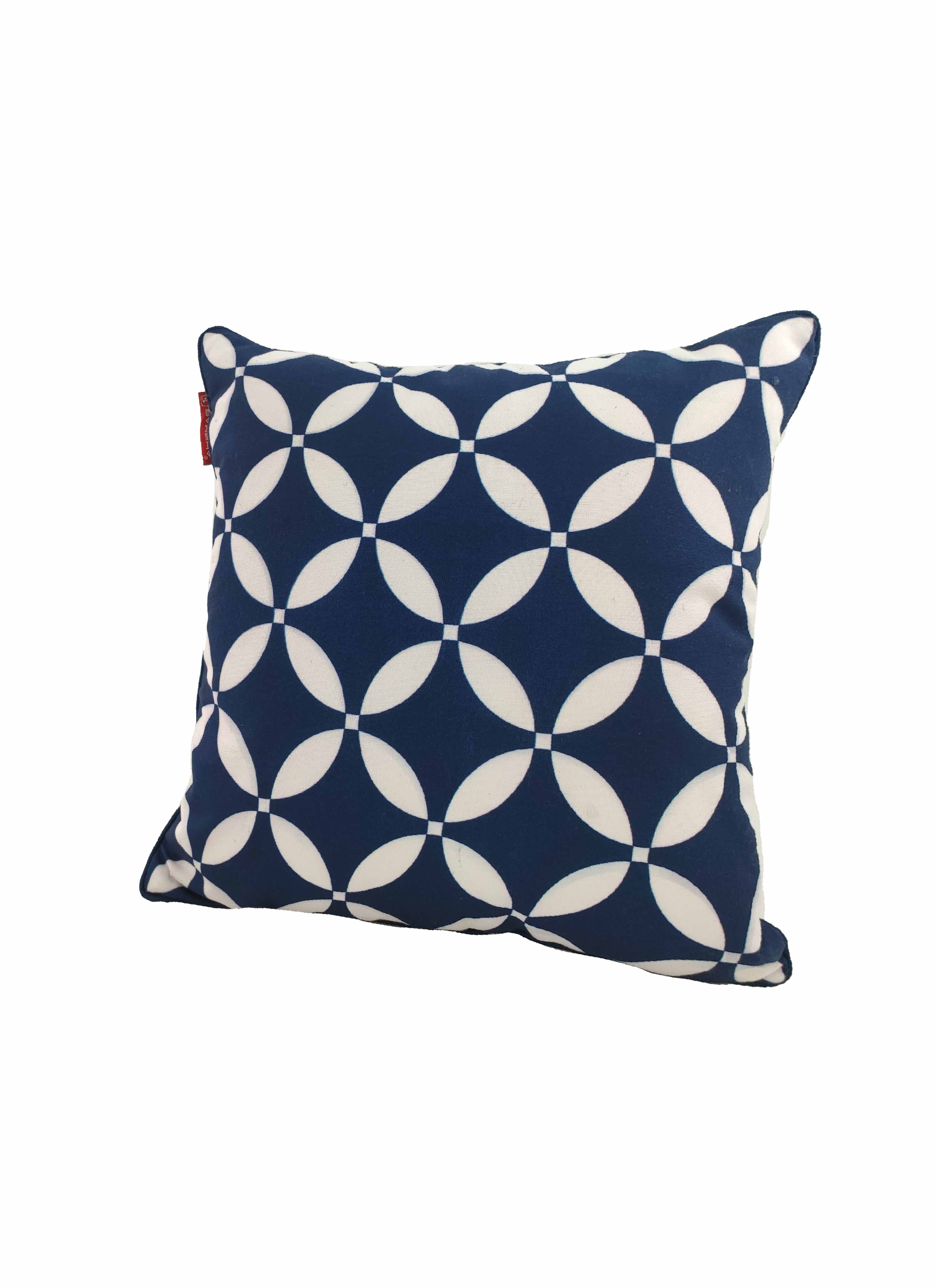 RAMSHA HOME's Decorative Polyester Cushion Cover CS-114 features a square design with a navy background and white geometric flower pattern, formed by overlapping circles. This stylish cover adds elegance to any space.