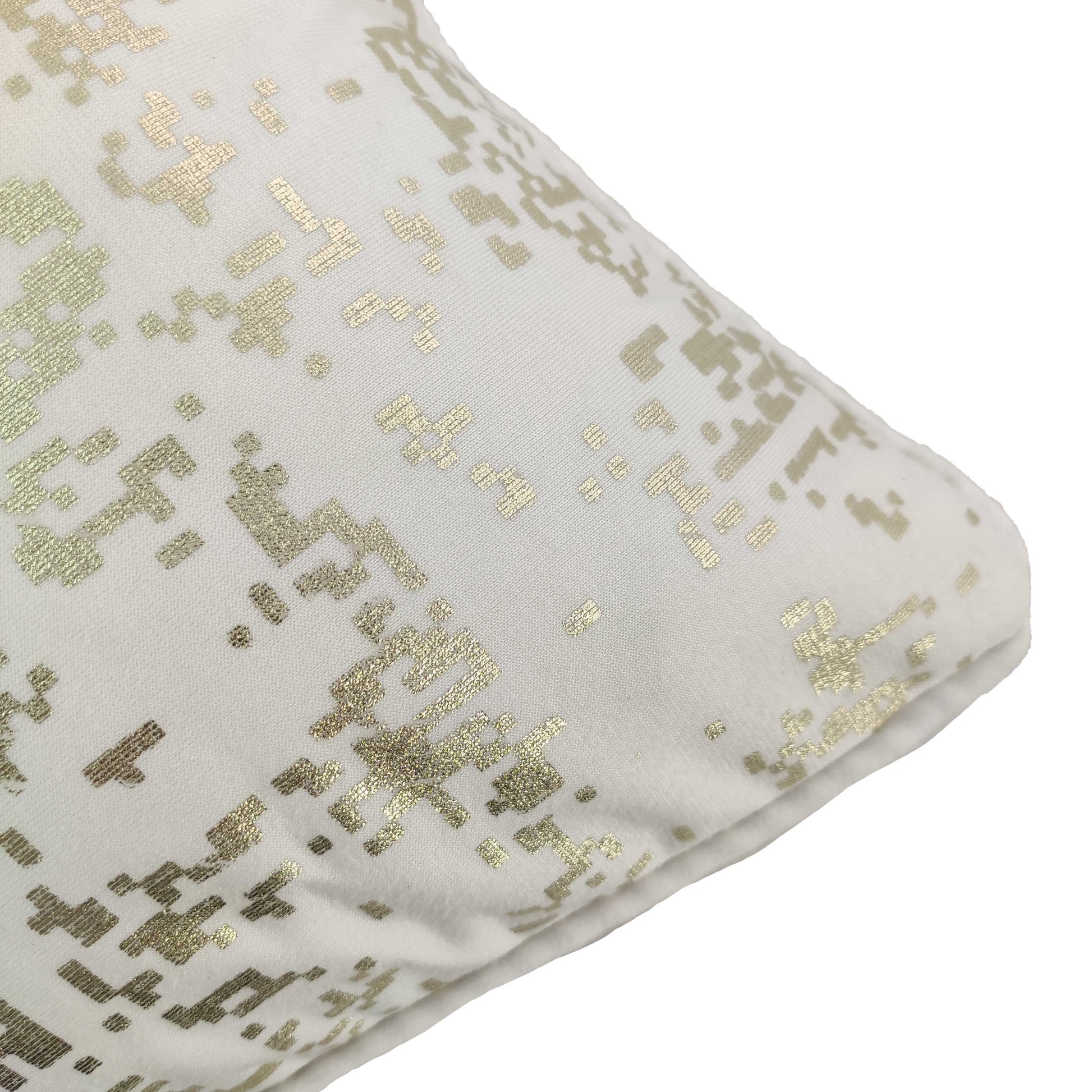 A close-up of the RAMSHA HOME White & Gold Color Cushion Cover CS-129, showcasing its metallic gold geometric pattern on white polyester fabric with rectangles and squares, displayed against a plain white background.