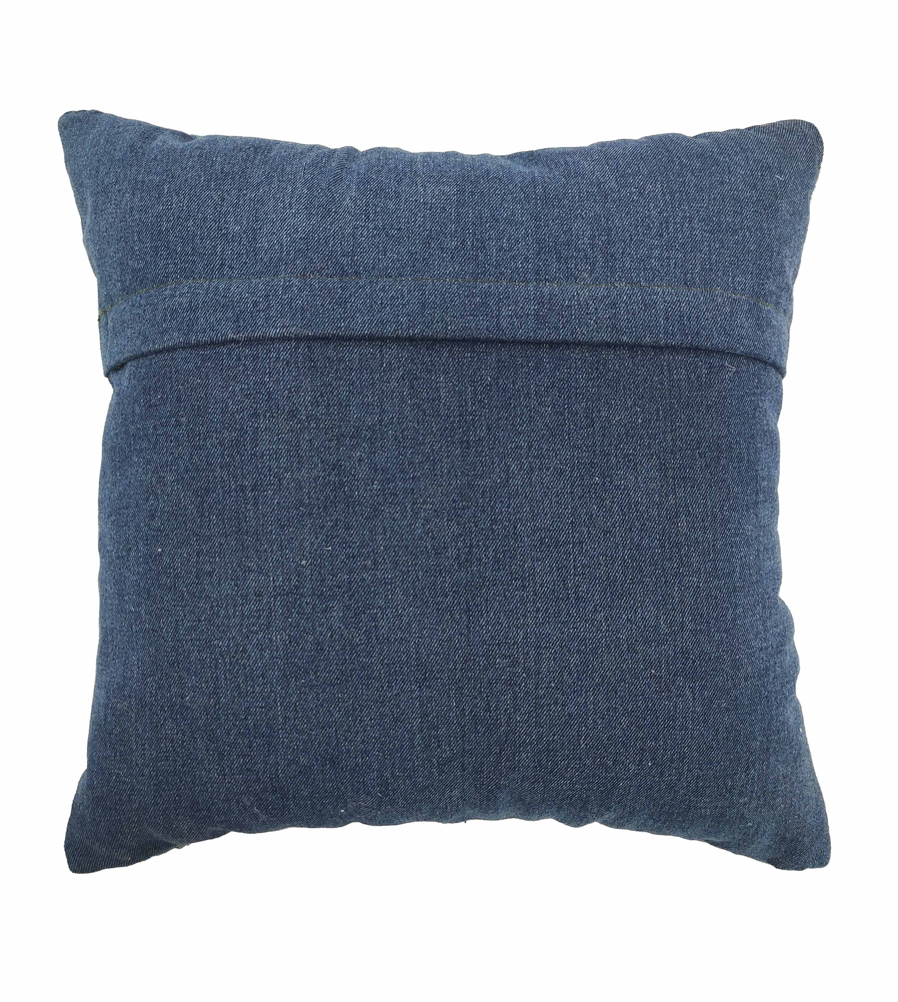 The RAMSHA HOME 100% Cotton Denim Cushion Cover CS-117 is a square blue pillow cover with a horizontal upper seam, shown against a white background.