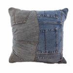 The RAMSHA HOME 100% Cotton Denim Cushion Cover CS-117 features a patchwork design with gray and blue jean pockets and seams for a unique, upcycled look. Washable cover; square shape with plain white background.
