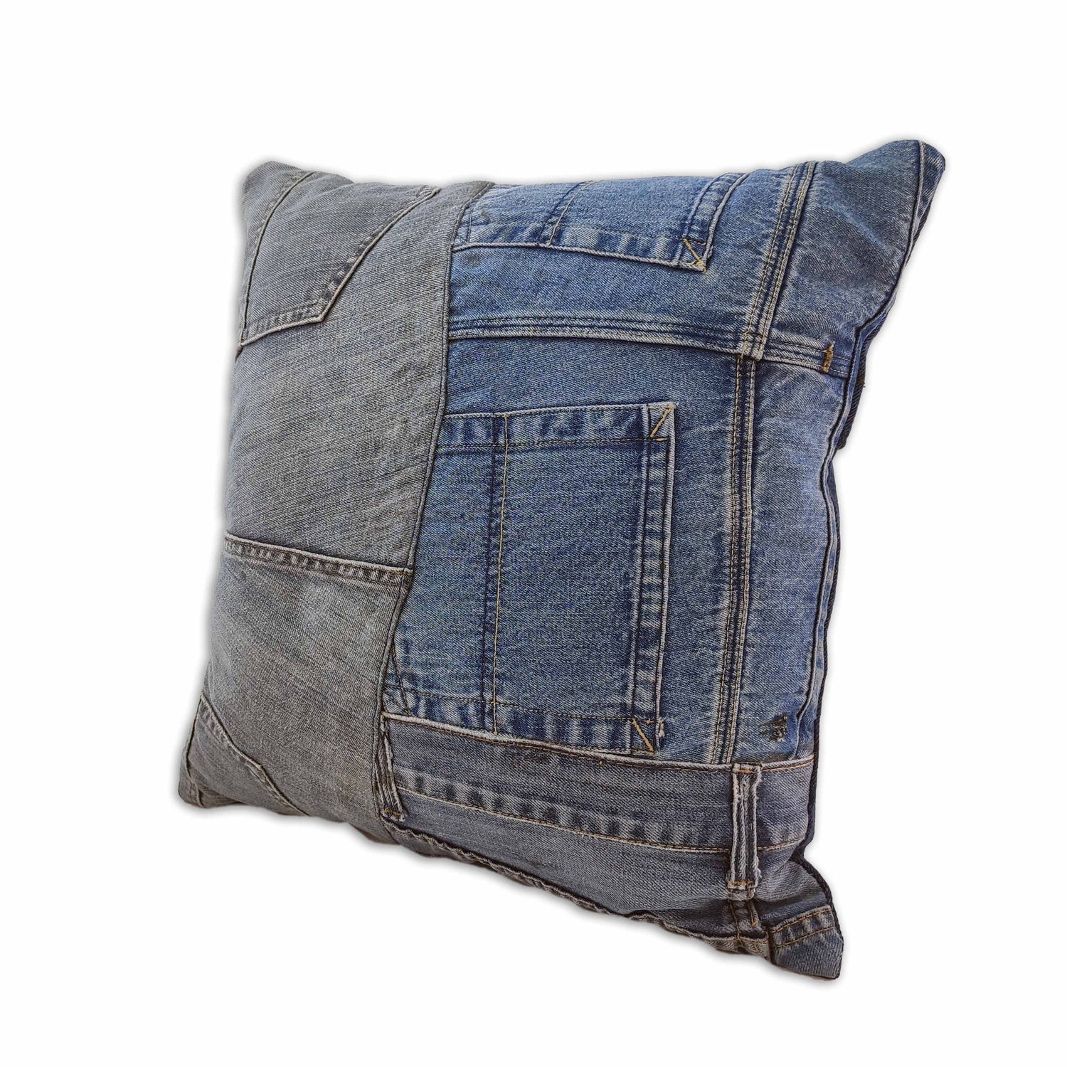 The RAMSHA HOME 100% Cotton Denim Cushion Cover CS-117 is a square throw pillow cover made from repurposed jeans, featuring visible pockets, seams, and multi-shaded blue and gray fabric for a unique look.