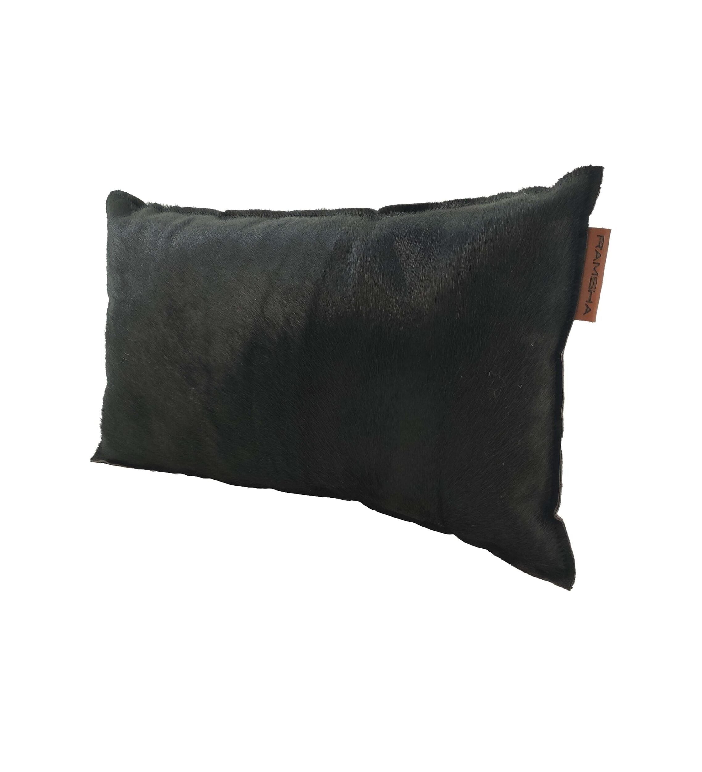 The RAMSHA HOME Leather Cushion With Filler CS-091 is a rectangular black pillow with premium filler and a soft texture, featuring a small brown tag on one side.