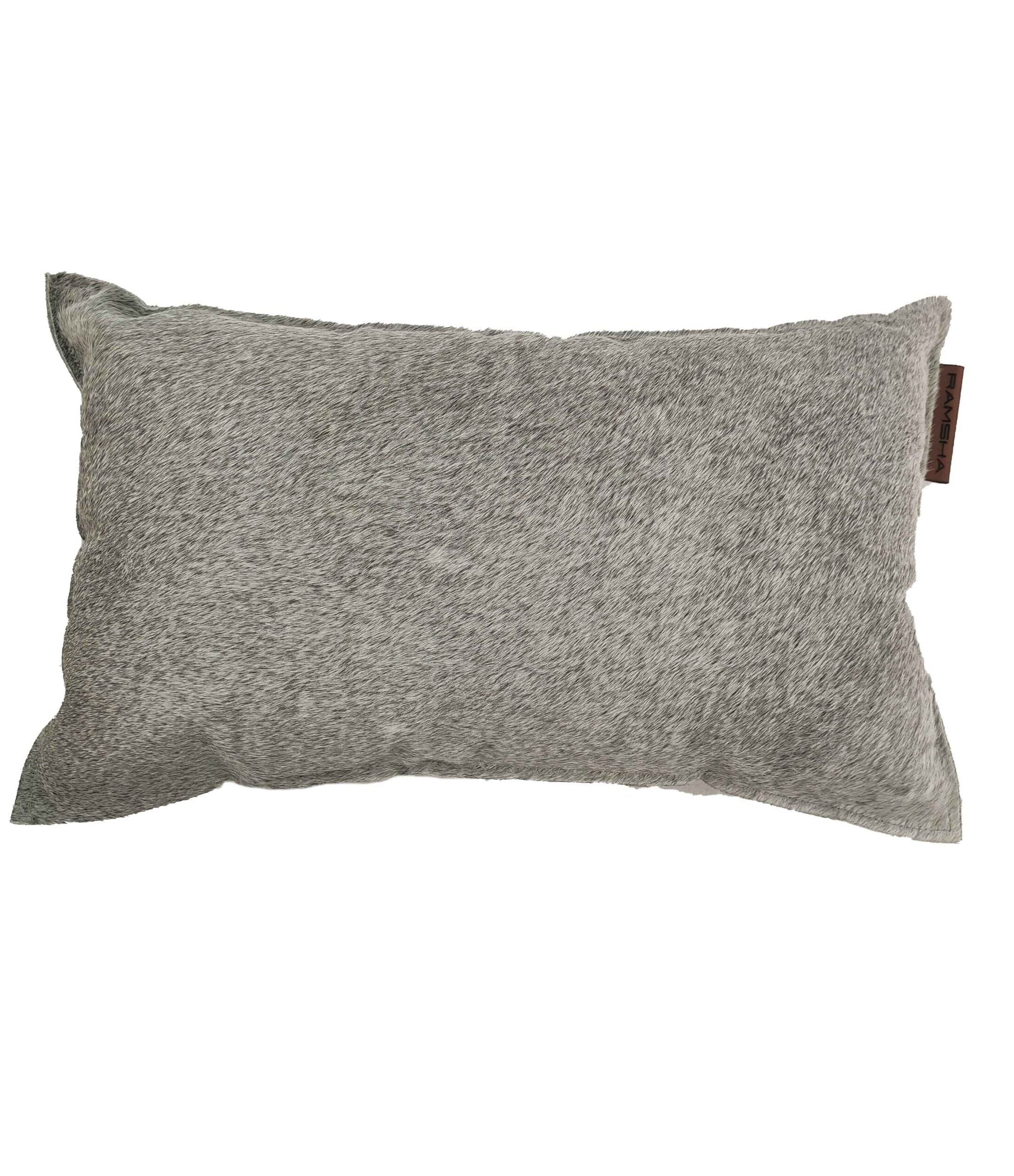 The RAMSHA HOME Leather Cushion With Filler CS-091 is a rectangular gray cushion featuring a soft, furry texture and a small brown tag on one side, shown against a white background.