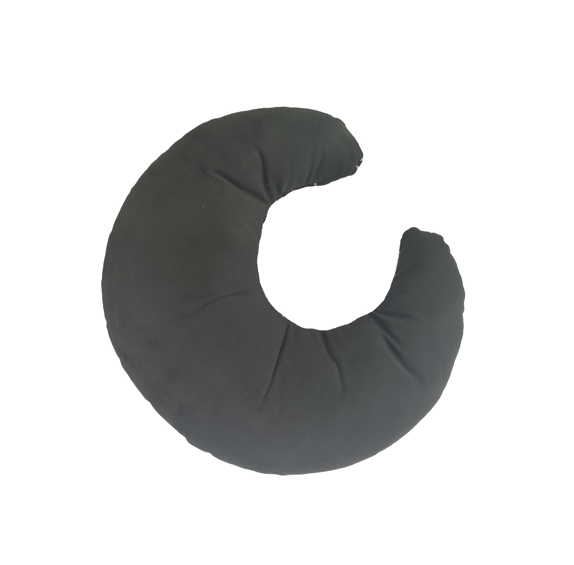 The RAMSHA HOME Velvet Moon Shape Cushion CS-110, in black, features a crescent design for neck support and doubles as chic living space decor—shown here against a white background.