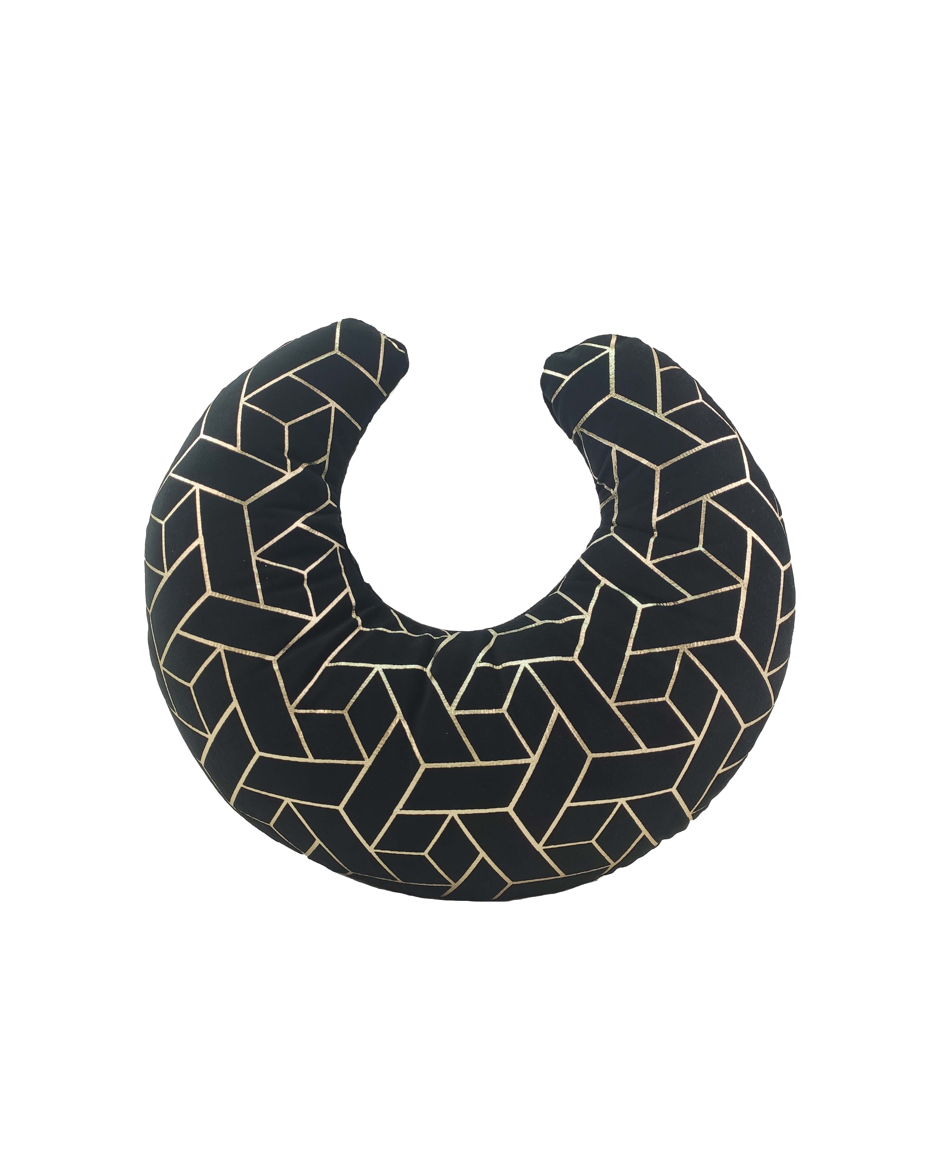 The RAMSHA HOME Velvet Moon Shape Cushion CS-110 features a black crescent design with beige geometric lines forming interconnected cubes—an elegant accent to enhance your living space.