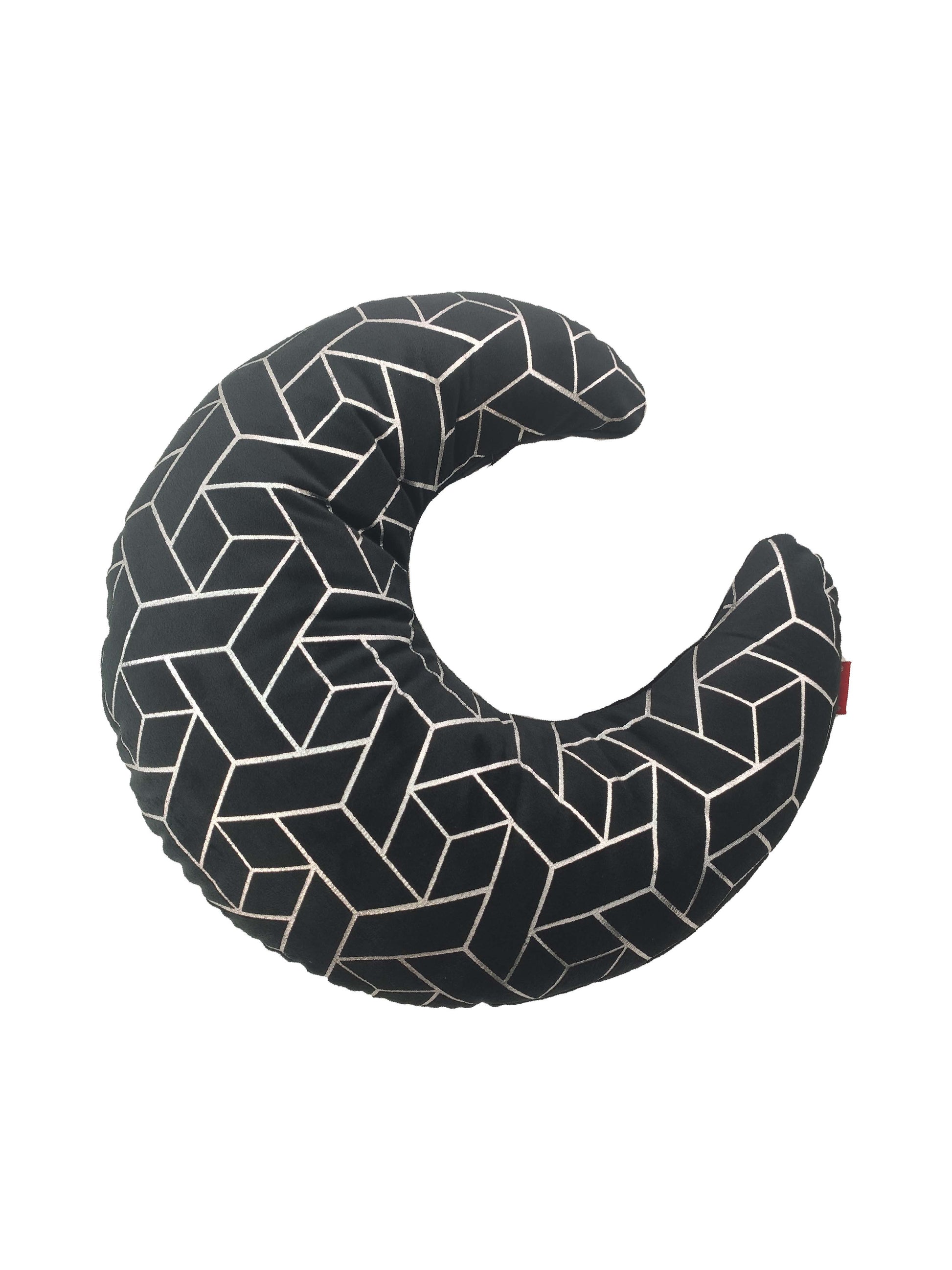 The RAMSHA HOME Velvet Moon Shape Cushion CS-110 features a black velvet cover with a geometric white-lined pattern, making it an elegant addition to your living space decor.