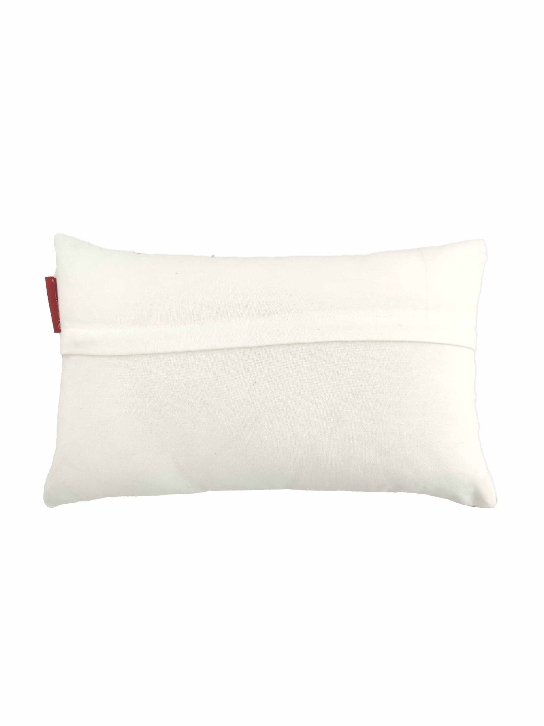 The RAMSHA HOME Polyester & Leather Cushion CS-101 is a rectangular white pillow with a plain design, visible seam, and small red tag on the left. Simple elegance to enhance any living space.