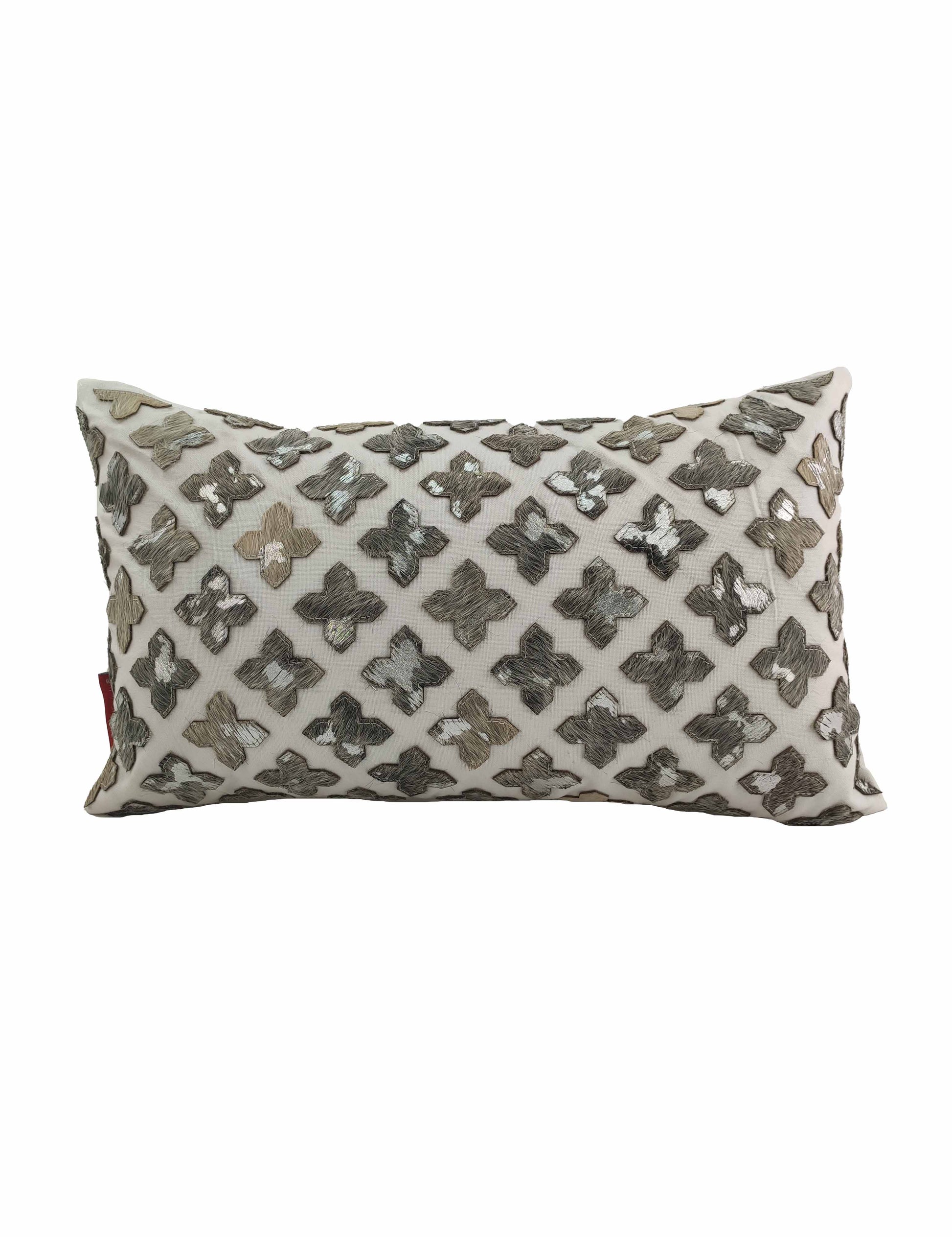 RAMSHA HOME Leather Cushion CS-104: Rectangular white cushion with a raised, textured pattern of metallic silver and beige embroidered crosses in a diagonal grid.