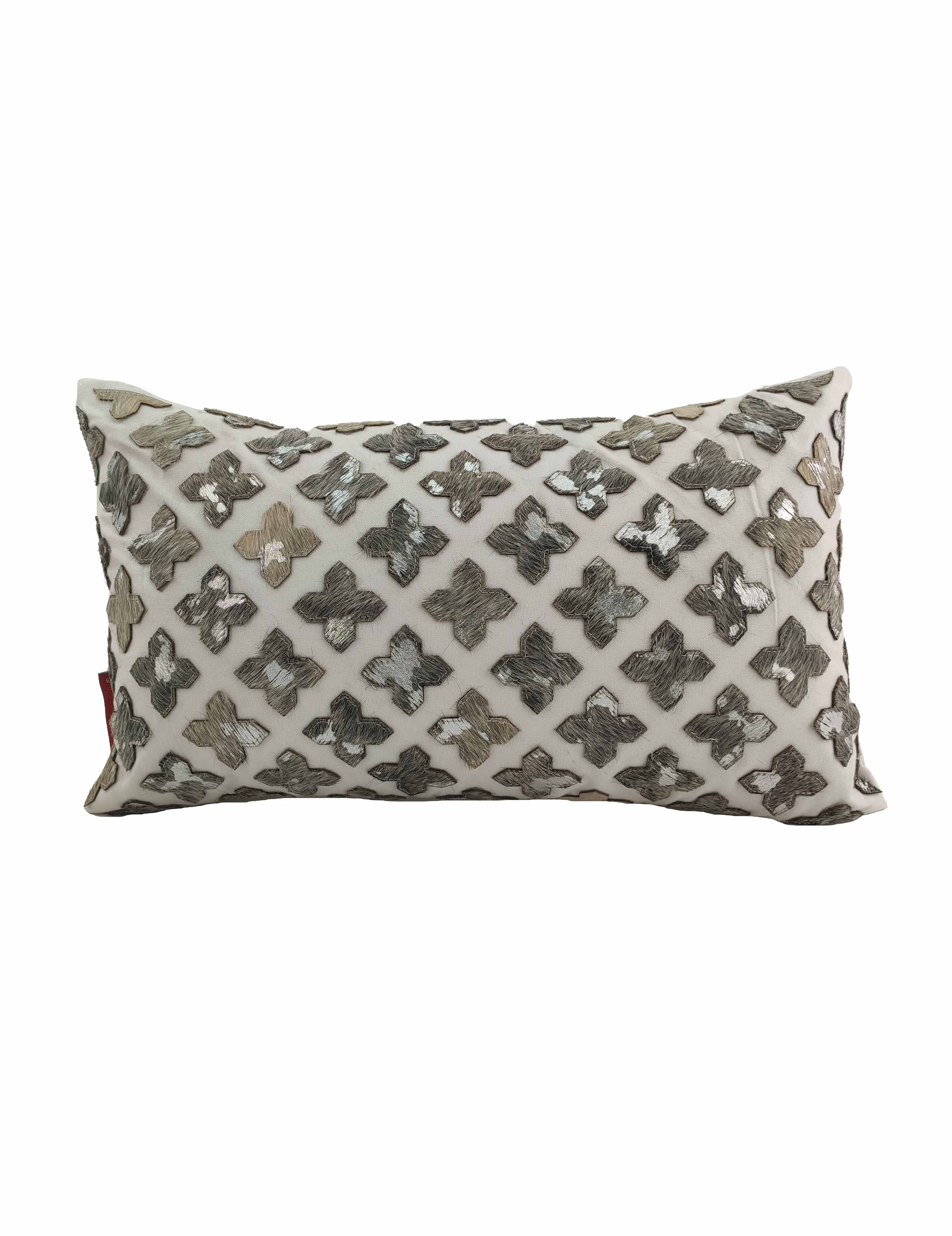 RAMSHA HOME Leather Cushion CS-104: Rectangular white cushion with a raised, textured pattern of metallic silver and beige embroidered crosses in a diagonal grid.