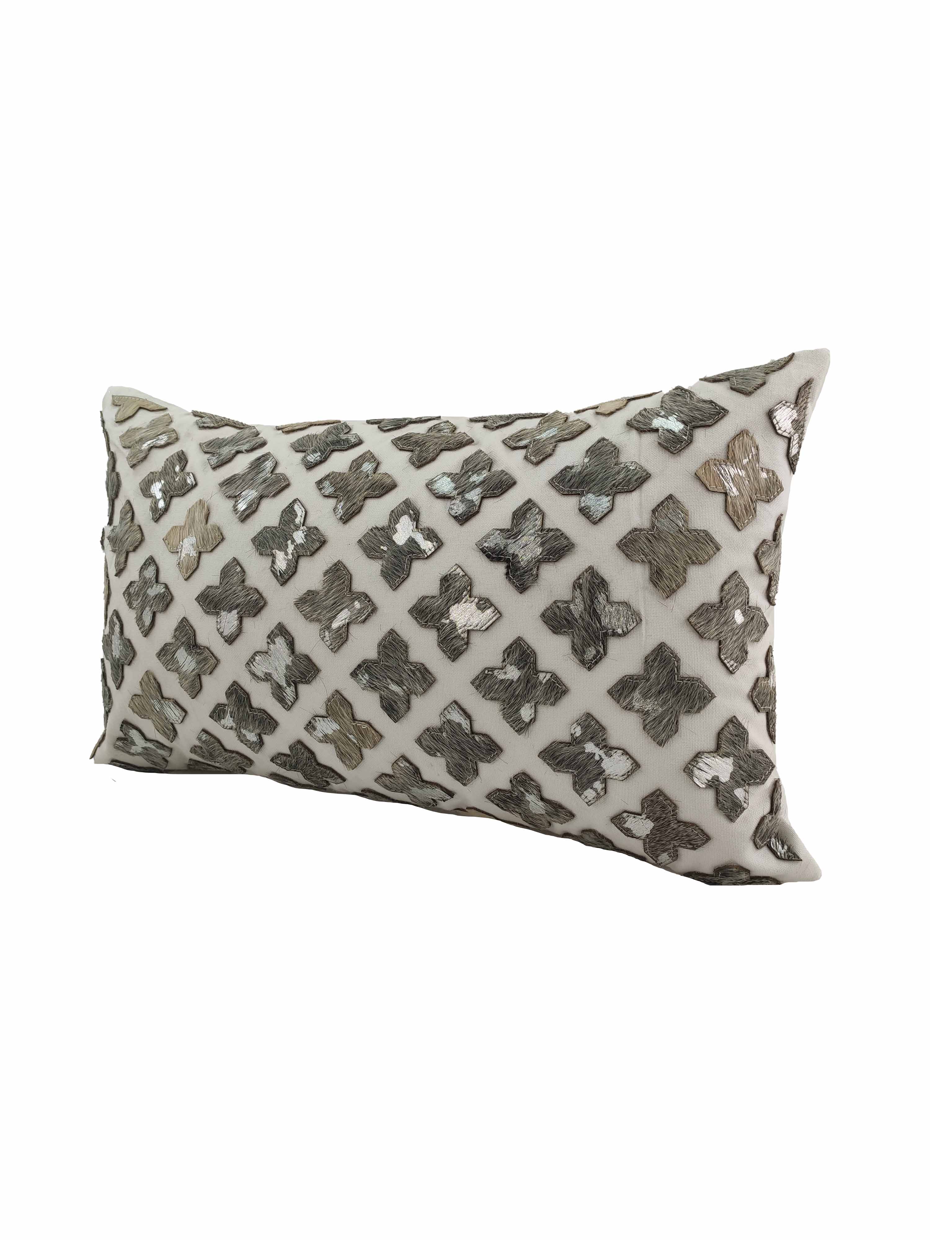 The RAMSHA HOME Leather Cushion CS-104 features a cream background with metallic silver and gray embroidered shapes in a diagonal grid, offering both comfort and a touch of elegance to any space.