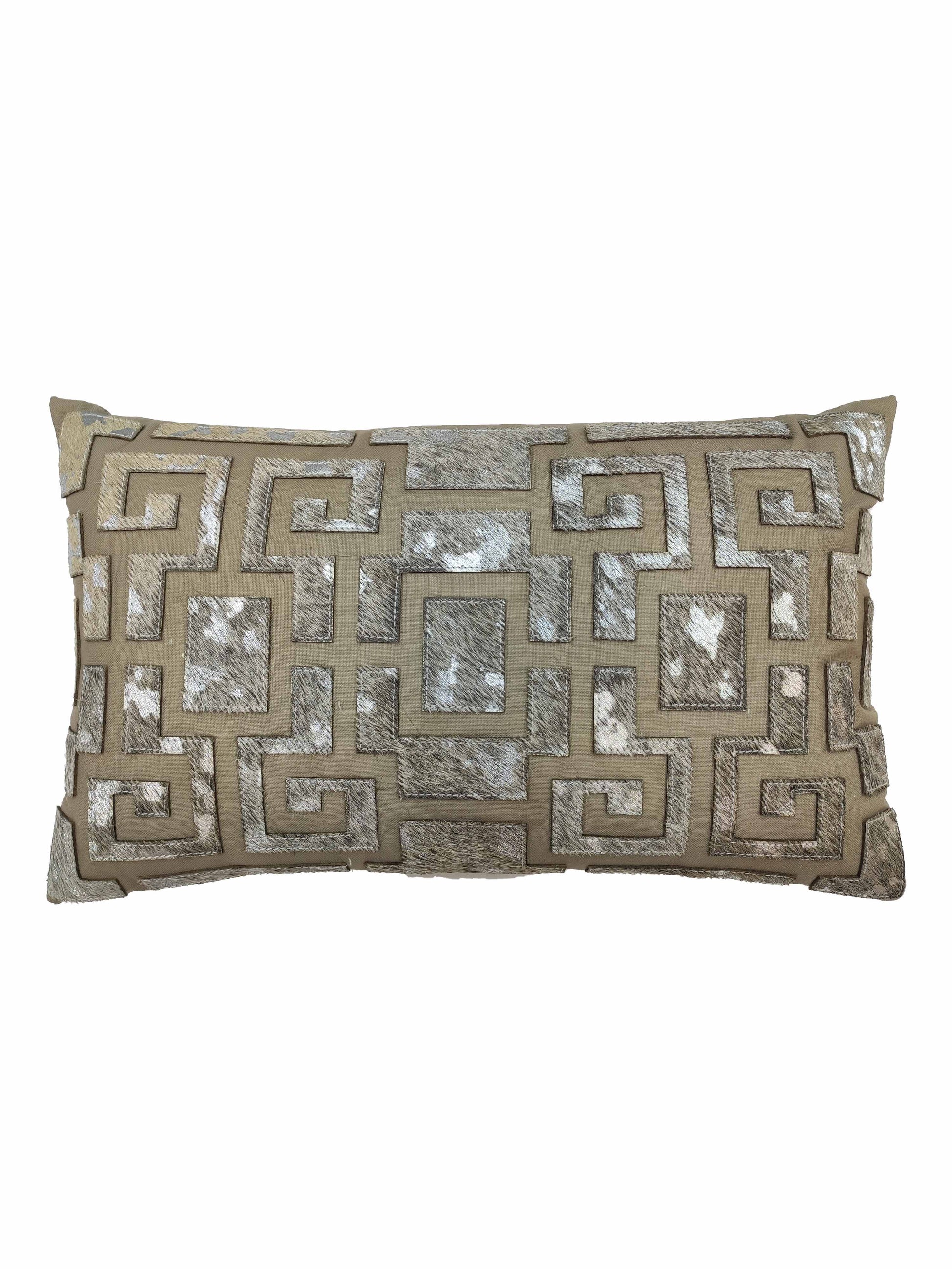 The RAMSHA HOME Sofa & Chair Cushion CS-106 showcases a metallic silver and beige Greek key pattern on textured fabric, adding stylish comfort to any space.