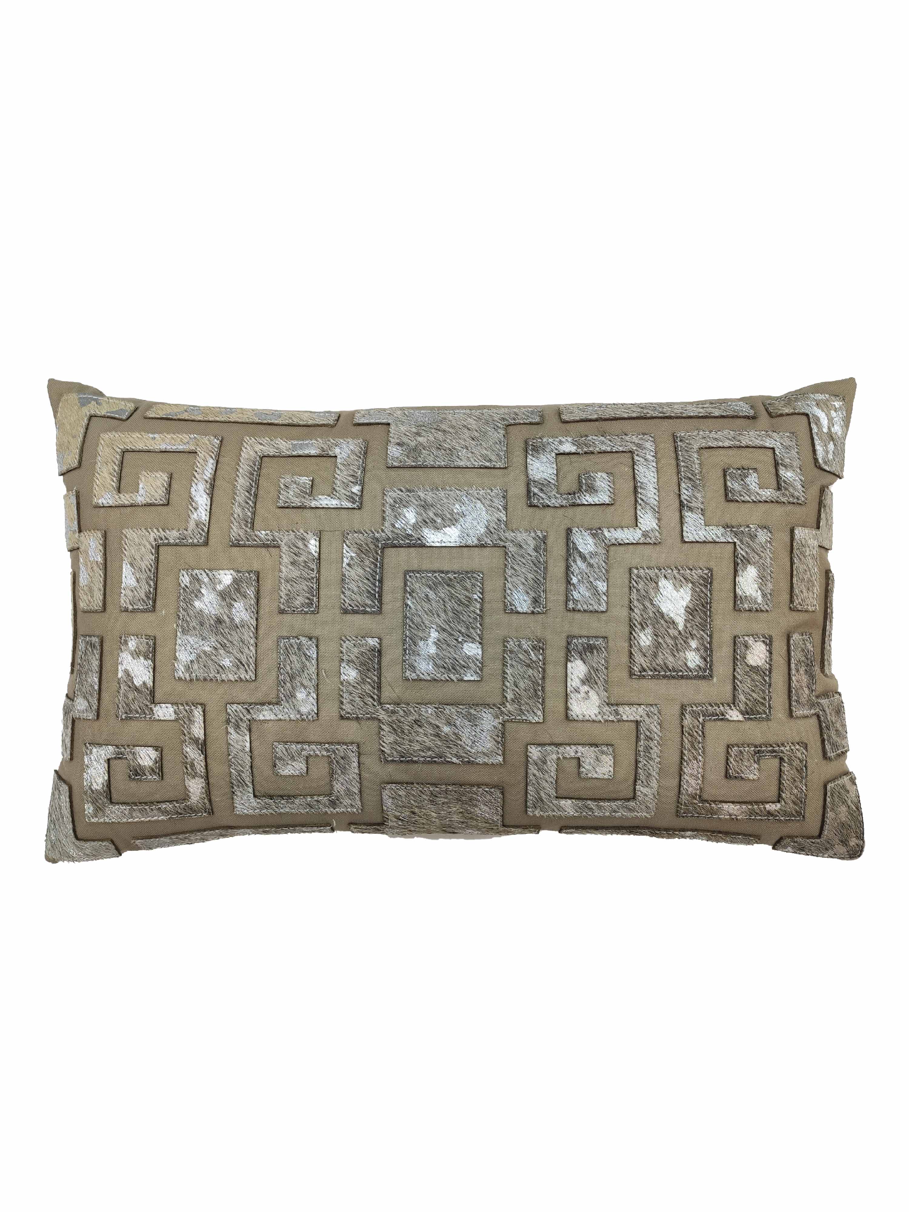 The RAMSHA HOME Sofa & Chair Cushion CS-106 showcases a metallic silver and beige Greek key pattern on textured fabric, adding stylish comfort to any space.