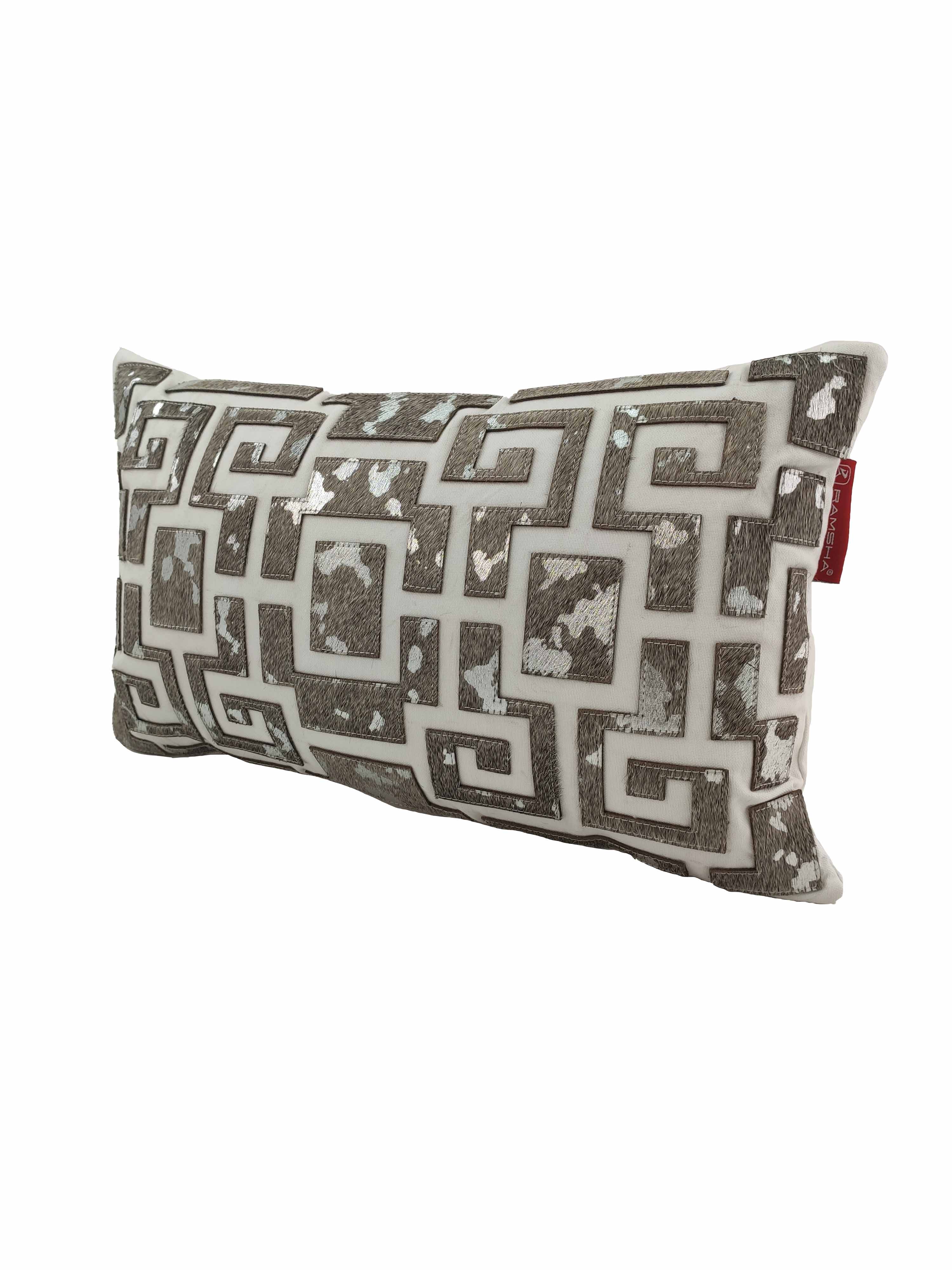 The RAMSHA HOME Sofa & Chair Cushion CS-106 is a rectangular polyester cushion with a white background, showcasing a stylish geometric silver and gray square pattern and textured shiny sections, plus a red side tag.
