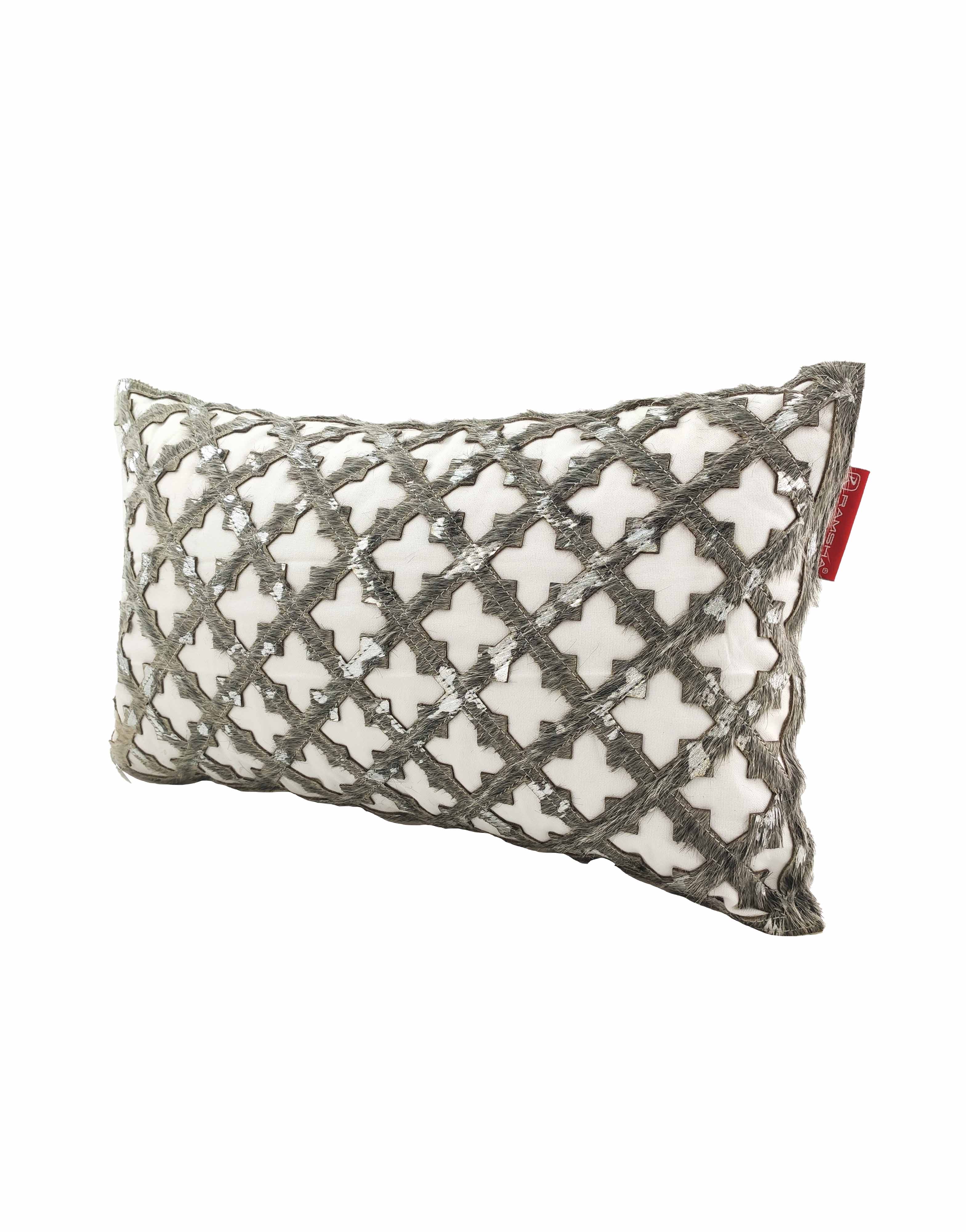 The RAMSHA HOME Leather Cushion CS-103 is a rectangular white pillow with a grey crisscross lattice and textured plus signs, plus a red fabric tag on the right side—an elegant decor accent, shown on a white background.