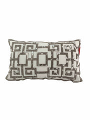 The Modern Cushion CS-107 by RAMSHA HOME is a rectangular white cushion with an intricate gray geometric pattern, combining comfort and style for any space.